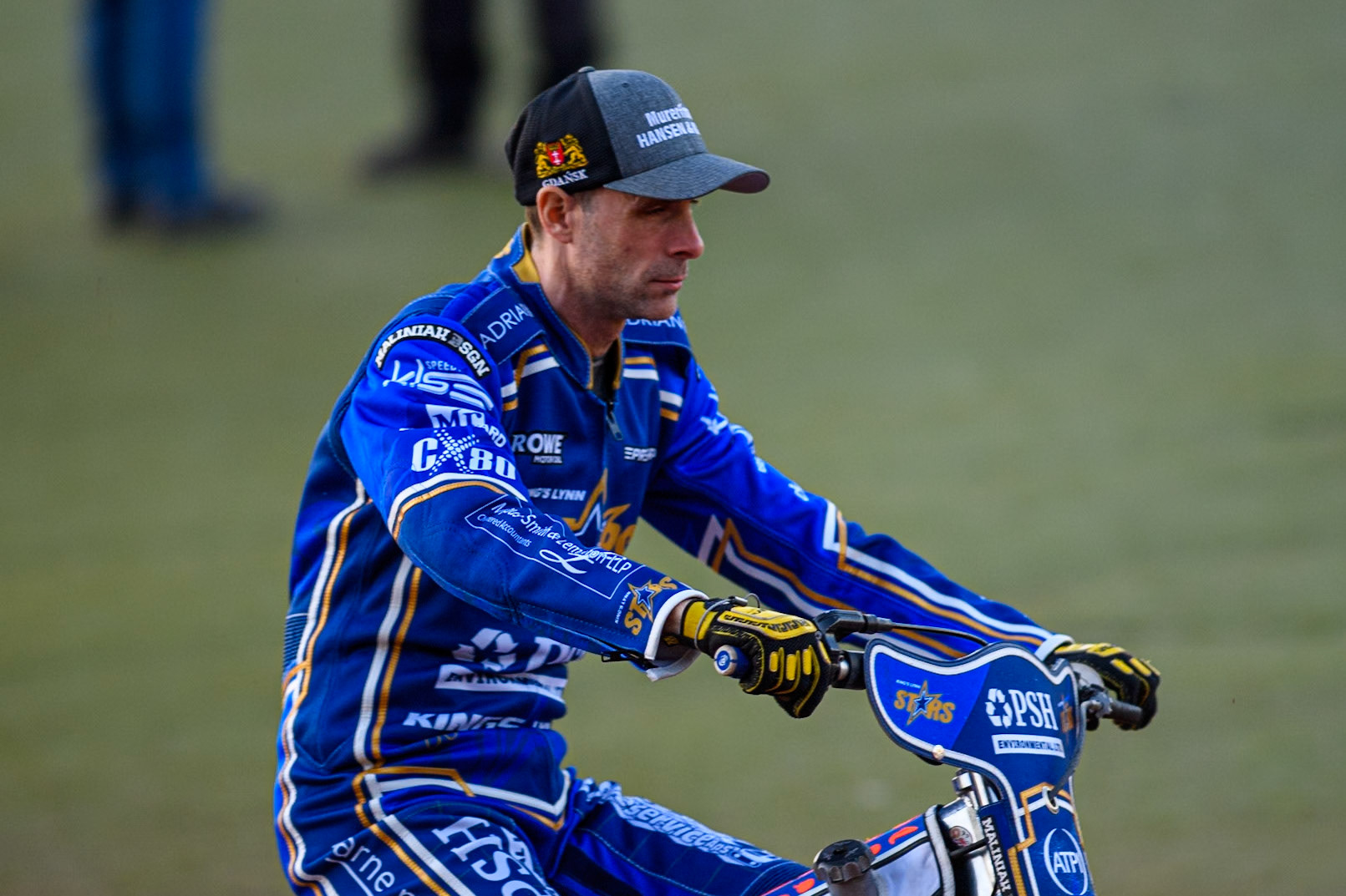 Niels-Kristian Iversen of Kings Lynn Stars on the parade lap during the Rowe Motor Oil Premiership match between Belle Vue Aces and King's Lynn Stars at the National Speedway Stadium, Manchester on Monday 5th April 2025. (Photo: Ian Charles | MI News)