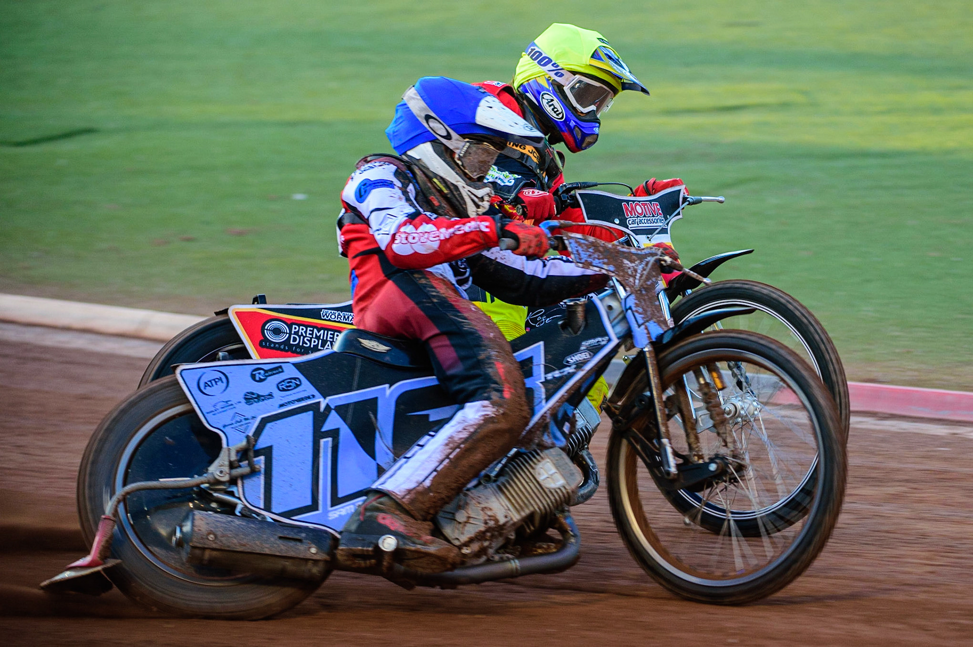 Sam McGurk  (Blue) outside Tom Spencer  (Yellow) during the National Development League match between Belle Vue Aces and Leicester Lions at the National Speedway Stadium, Manchester on Friday 19th August 2022. (Credit: Ian Charles | MI News)