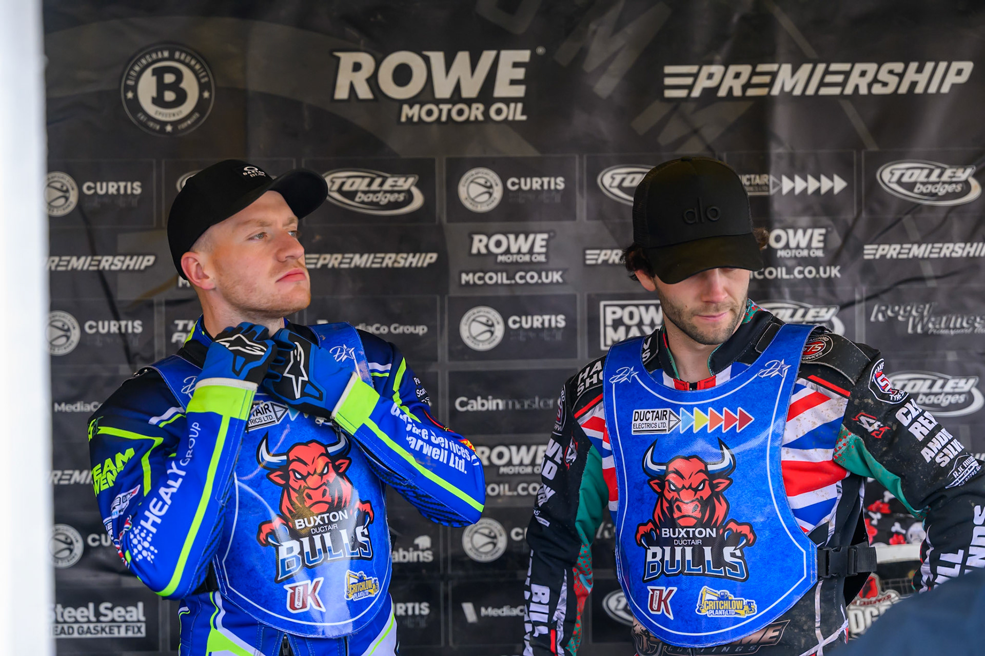 Arran Butcher of Buxton Bulls (Left) with Alfie Bowtell of Buxton Bulls during the  Challenge match between Buxton Bulls and NDL Nomads at Hi-Edge Speedway, Buxton on Sunday 19th April 2026. (Photo: Ian Charles | MI News)