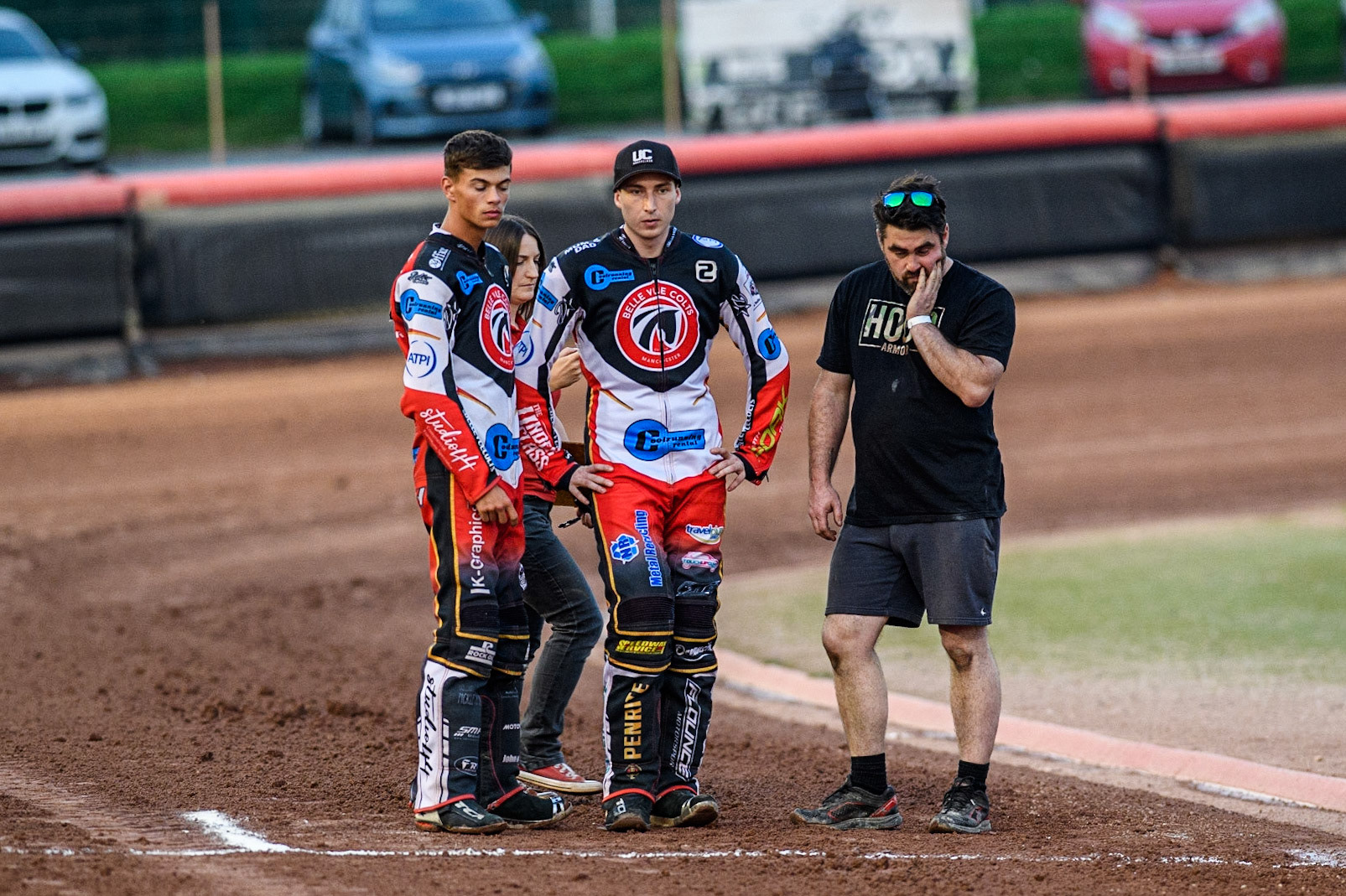 The riders inspect the track at the start line after the extended period of track preparation during the National Development League match between Belle Vue Colts and Leicester Lion Cubs at the National Speedway Stadium, Manchester on Friday 8th September 2023. (Photo: Ian Charles | MI News)