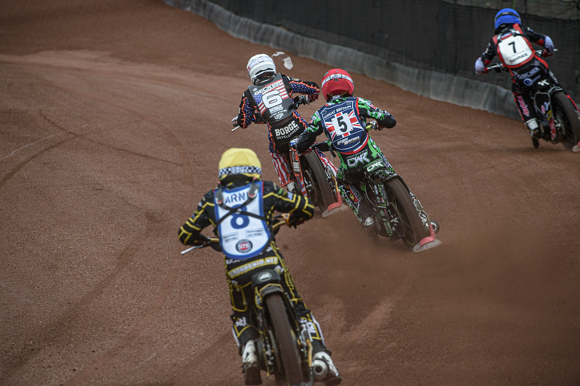 GLASGOW, UK. JUNE 19TH.  Tero Aarnio (Finland) (Yellow) chases Charles Wright (Great Britain) (Red), Luke Becker (USA) (White) and Nicolai Klindt (Denmark) (Blue) during the FIM Speedway Grand Prix Qualifying Round at the Peugeot Ashfield Stadium, Glasgow on Saturday 19th June 2021. (Credit: Ian Charles | MI News)