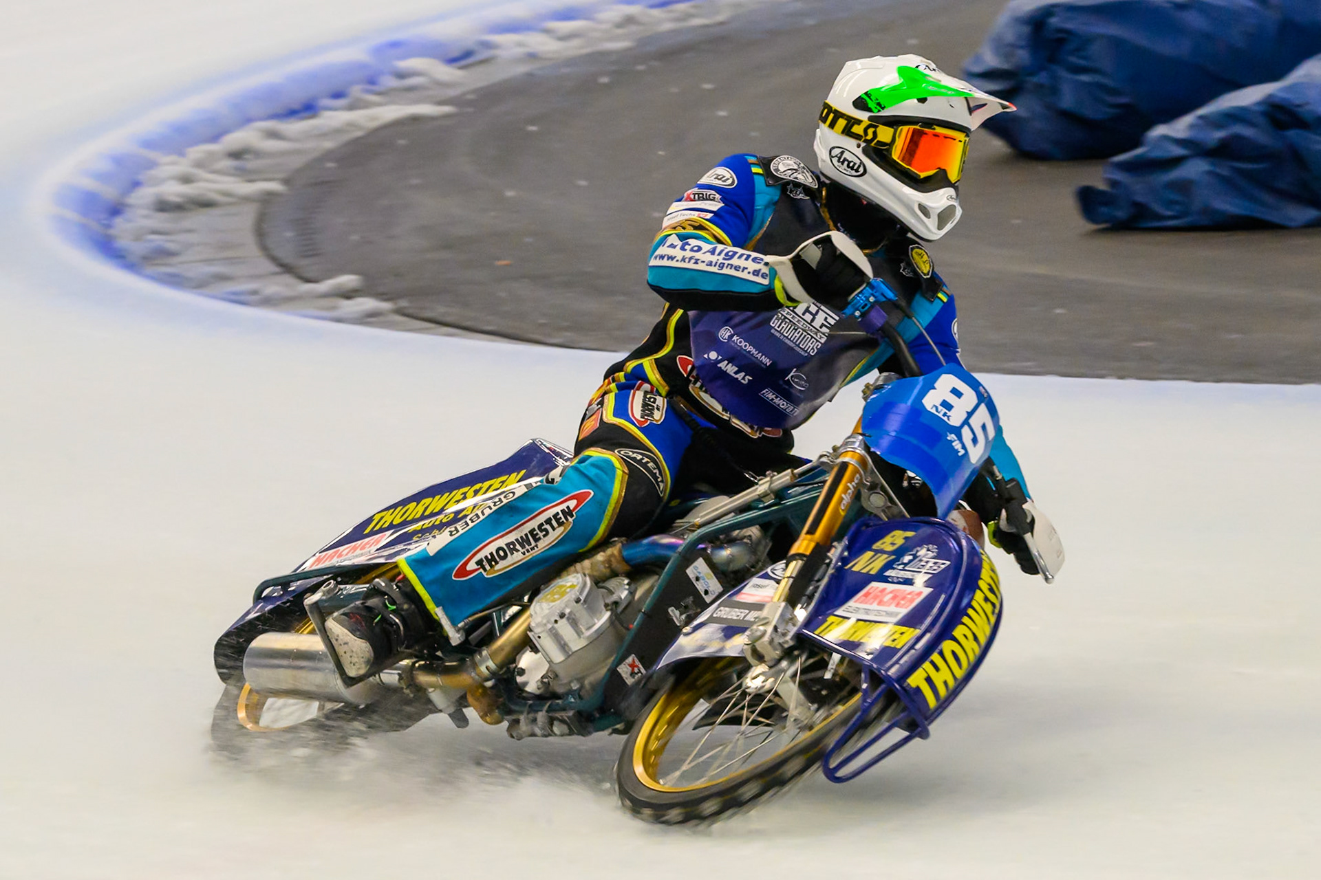 Luca Bauer (85) of Italy/Germany during Practice for the Ice Speedway Gladiators World Championship Finals at Max-Aicher-Arena, Inzell on Friday 13th March 2026. (Photo: Ian Charles | MI News)