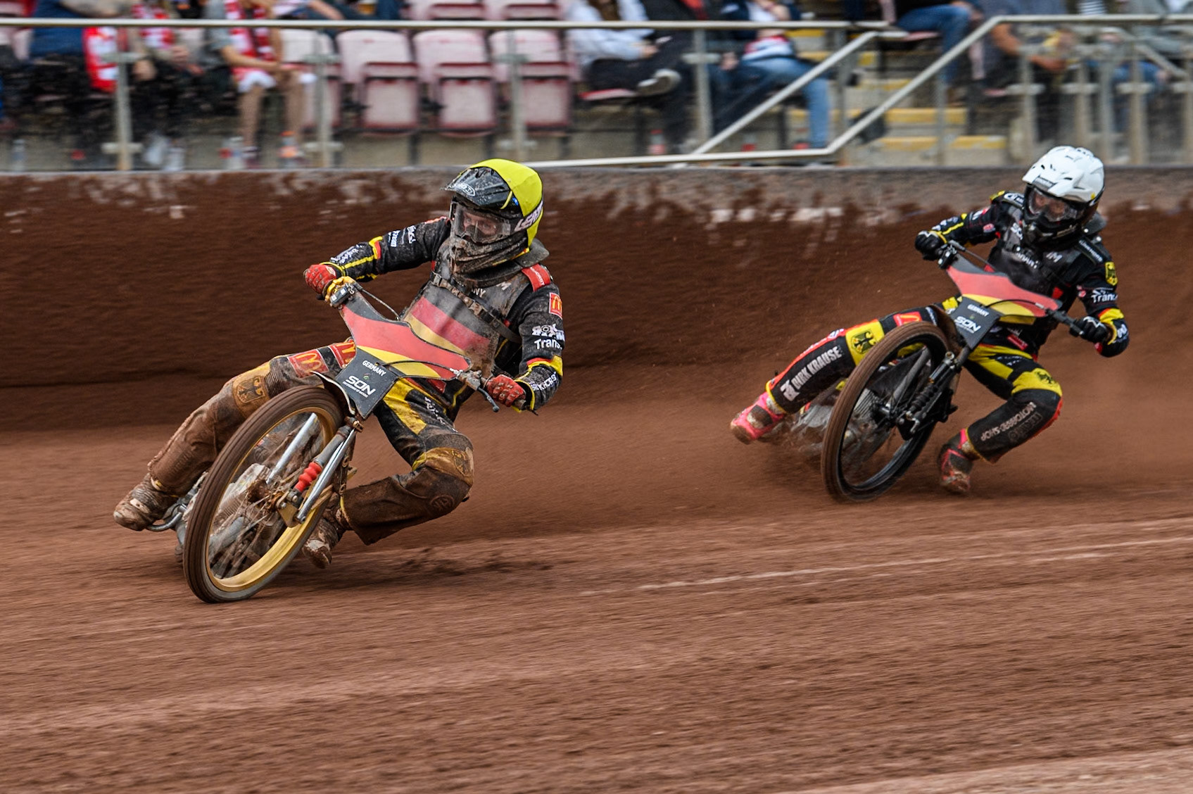 Norick Blödorn of Germany in Yellow leading team mate Kai Huckenbeck of Germany in White during the Monster Energy FIM Speedway of Nations Semi-Final 1 at the National Speedway Stadium, Manchester on Tuesday 9th July 2024. (Photo: Ian Charles | MI News)