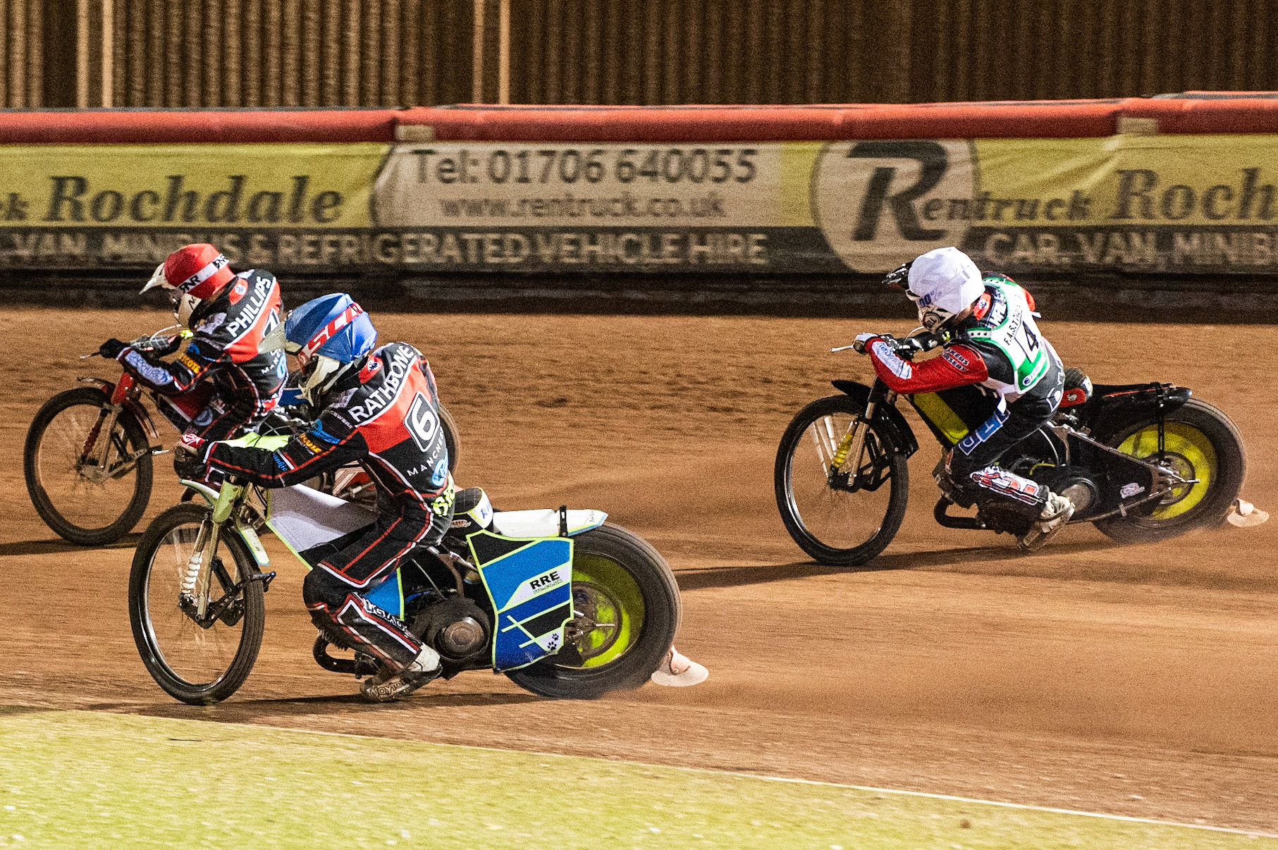 Photo: Ian Charles

Danny Phillips  (Red) leads Ben Rathbone  (Blue) and Dan Halsey  (White)

Belle Vue Colts v Cradley Heathens, SGB National League, Belle Vue National Speedway Stadium, Manchester, Thursday 29  August  2019