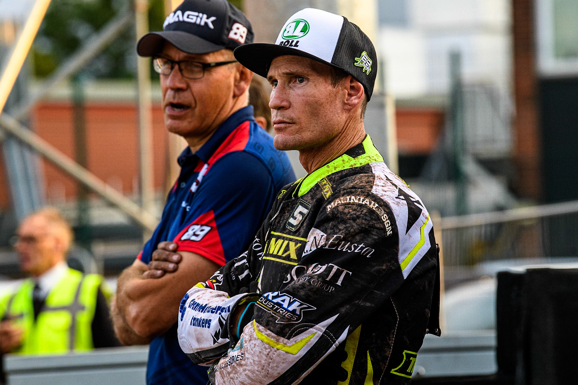 Jason Doyle (right) watches the racing during the Sports Insure Premiership match between Belle Vue Aces and Ipswich Witches at the National Speedway Stadium, Manchester on Monday 17th July 2023. (Photo: Ian Charles | MI News)