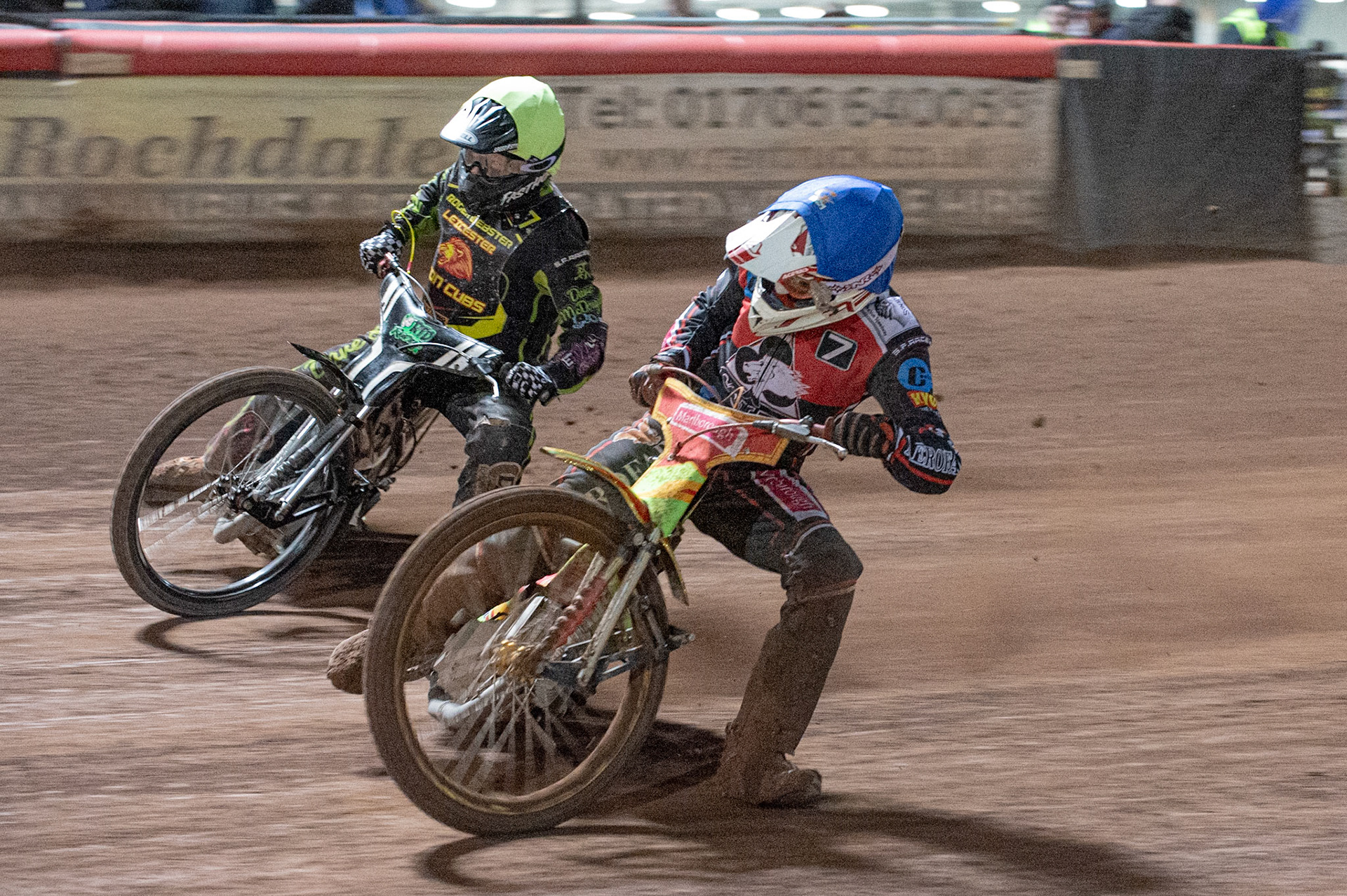 Photo: Ian Charles

Ben Woodhull (Blue) passes Ryan Terry-Daley  (Yellow) on the inside

Belle Vue Colts v Leicester Lion Cubs, SGB National League KO Cup Final (2nd Leg), Belle Vue National Speedway Stadium, Manchester, Tuesday 29  October  2019