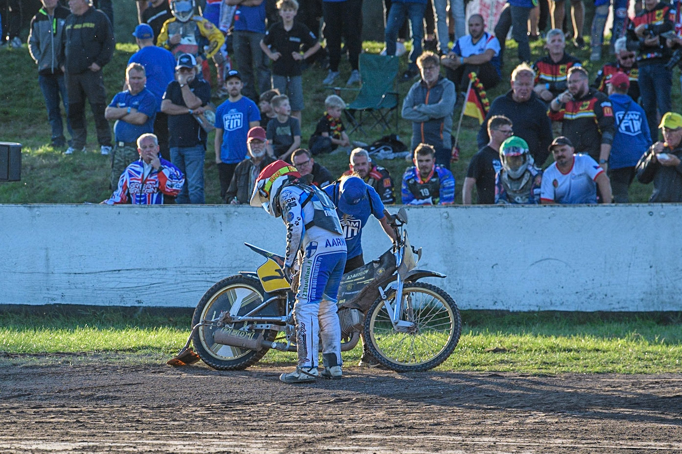 A frustrated Tero Aarnio after his bike failed on the start line during the FIM Long Track Of Nations event at the Speed Centre Roden on Sunday 24th September 2023. (Photo: Ian Charles | MI News)
