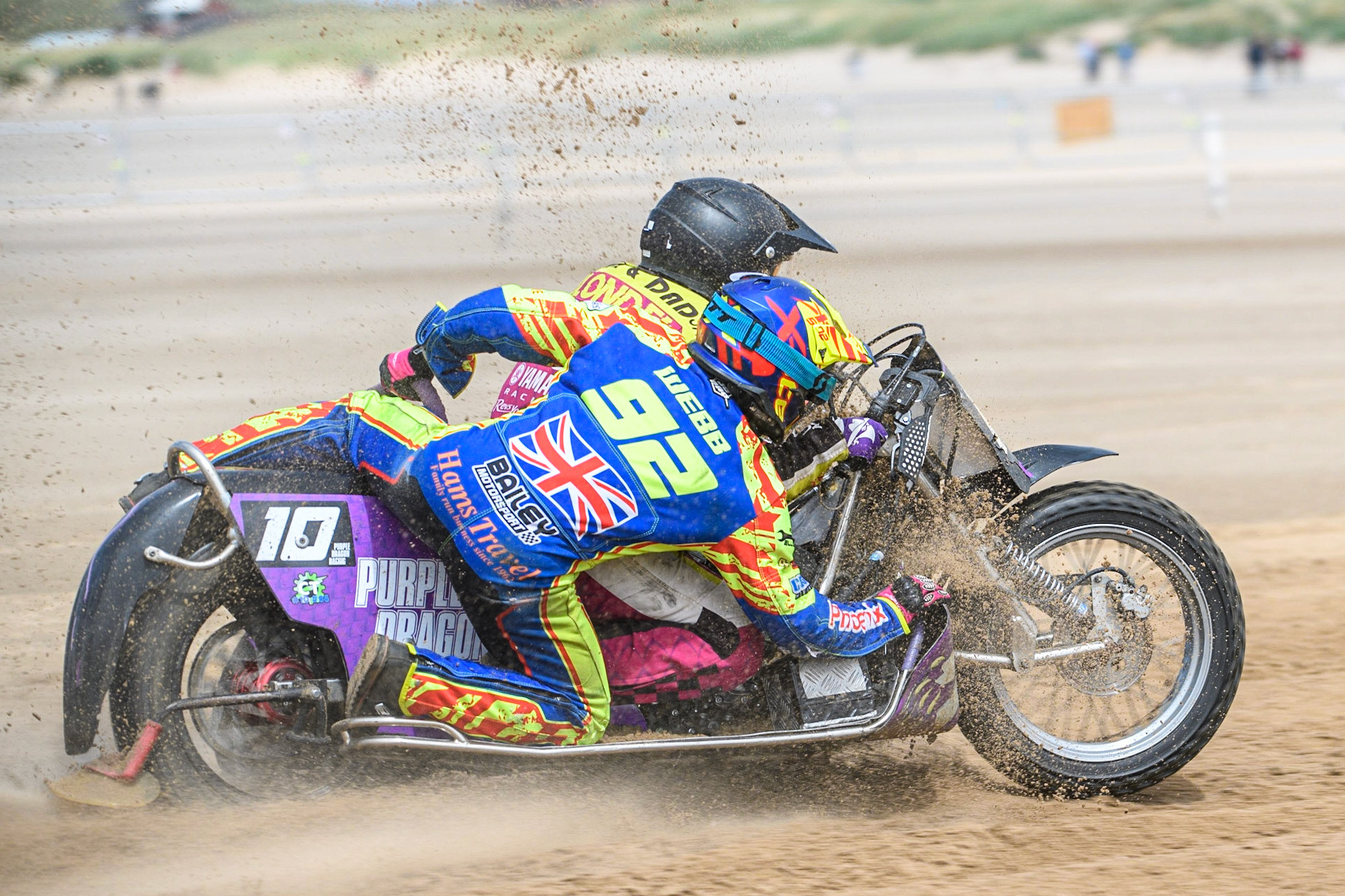 Clint Blondell &amp; Richard Webb (10) in practice during the Fylde ACU British Sand Racing Masters Championship at  St Annes on Sea, Lancashire on Sunday 30th July 2023. (Photo: Ian Charles | MI News)