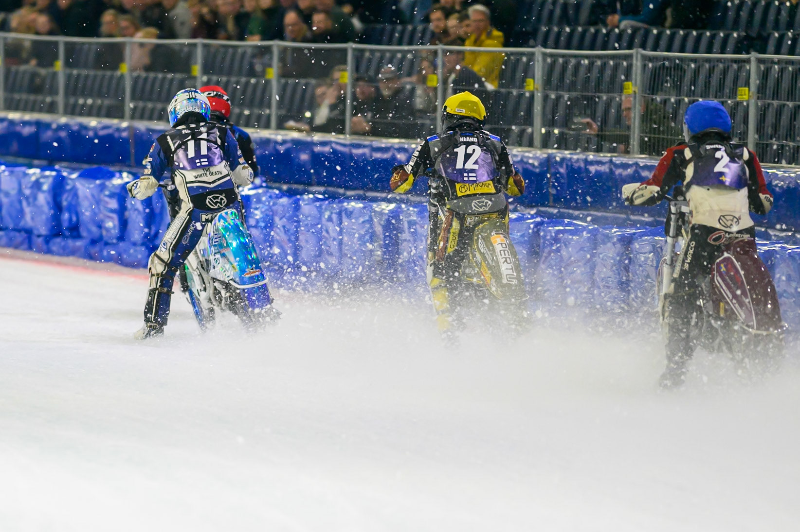 Ove Ledstrom (2) of Sweden  in Blue chases Max Koivula (11) of Finland  in White and Heikki Huusko (12) of Finland  in Yellow during the FIM Ice Speedway Of Nations at Ice Rink Thialf, Heerenveen on Sunday 12th April 2026. (Photo: Ian Charles | MI News)