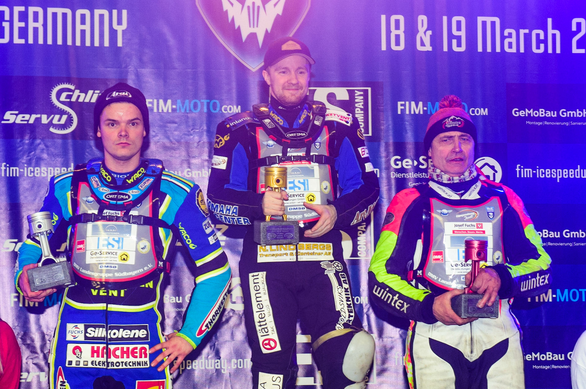 Top 3 in Final 1: (left to right) Luca Bauer (2nd), Martin Haarahiltunen (Winner), Harald Simon (3rd) during the Ice Speedway Gladiators World Championship Final 1 at Max-Aicher-Arena, Inzell, Germany on Saturday 18th March 2023. (Photo: Ian Charles | MI News)