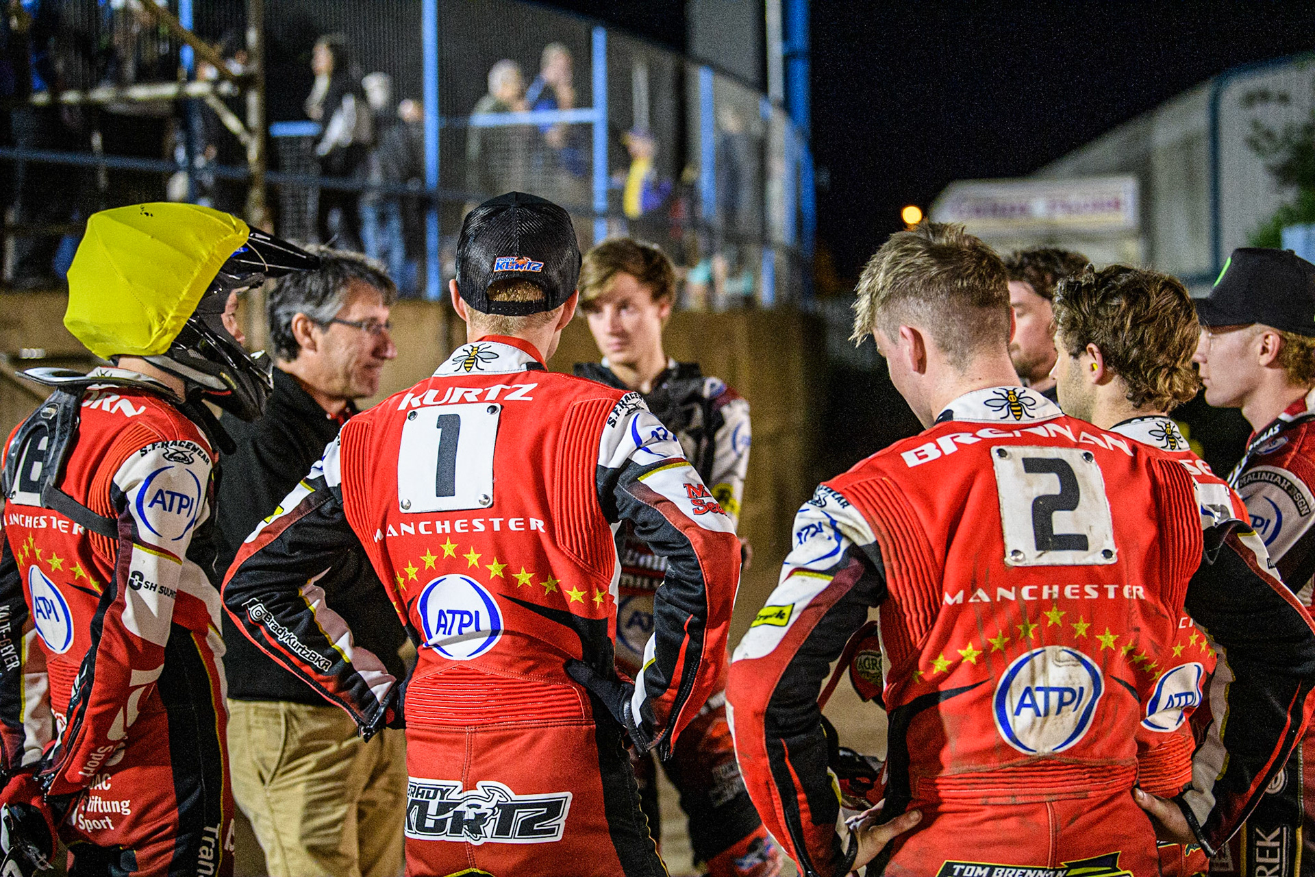 Belle Vue ATPI Aces  team meeting during the Sports Insure Premiership match between King's Lynn Stars and Belle Vue Aces at the Adrian Flux Arena, King's Lynn on Thursday 24th August 2023. (Photo: Ian Charles | MI News)