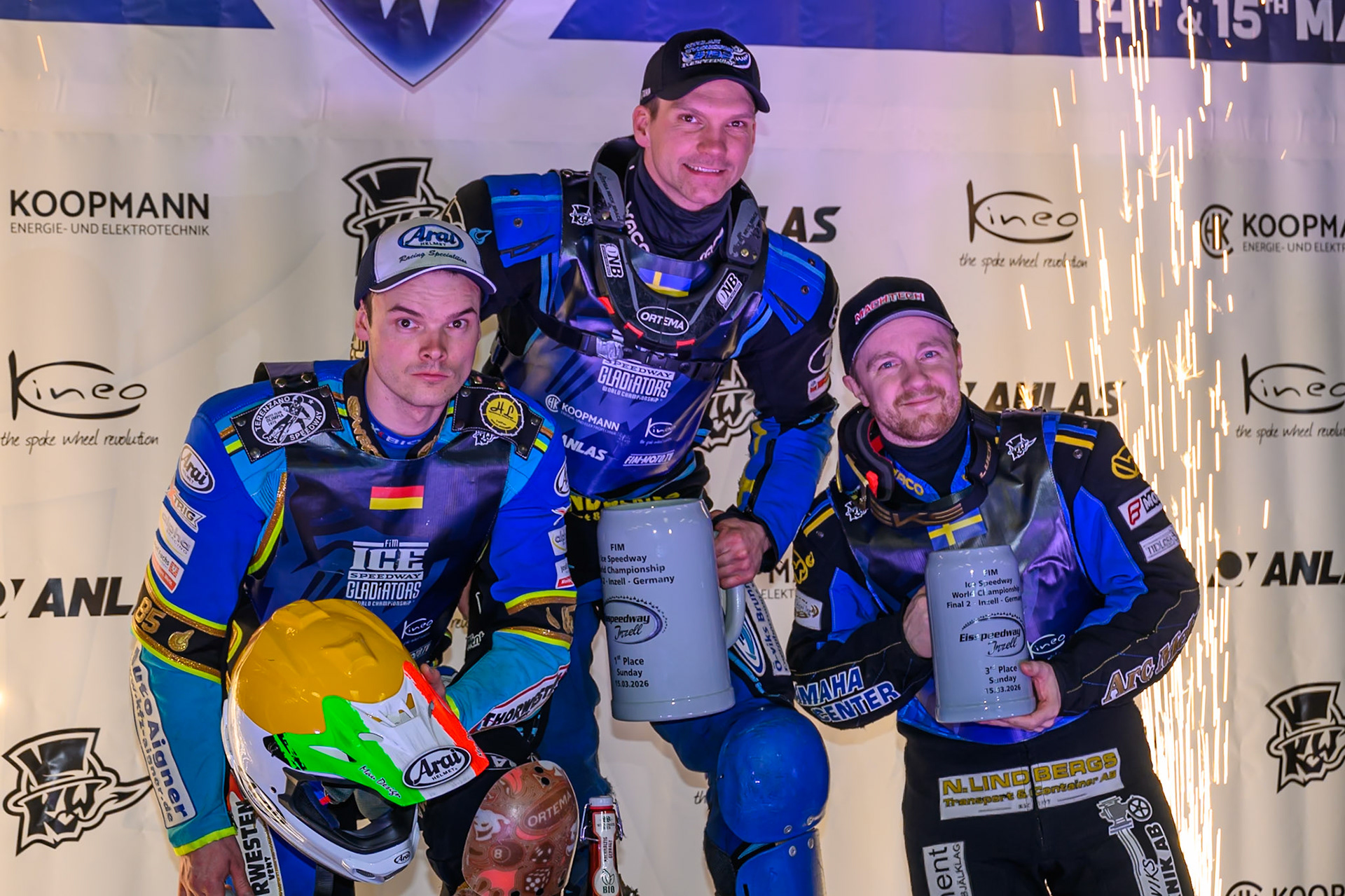 Sunday Top 3: (L to R) Luca Bauer (85) of Italy/Germany (2nd), Niclas Svensson (192) of Sweden (Winner) Martin Haarahiltunen (199) of Sweden  (Third) during the Ice Speedway Gladiators World Championship Final 2 at Max-Aicher-Arena, Inzell on Sunday 15th March 2026. (Photo: Ian Charles | MI News)