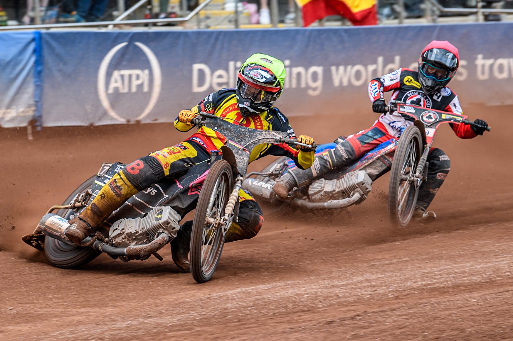 Birmingham Brummies' Leon Flint  in Yellow leading Belle Vue Aces' Ben Cook  in Red during the Rowe Motor Oil Premiership match between Belle Vue Aces and Birmingham Brummies at the National Speedway Stadium, Manchester on Monday 6th May 2024. (Photo: Ian Charles | MI News)