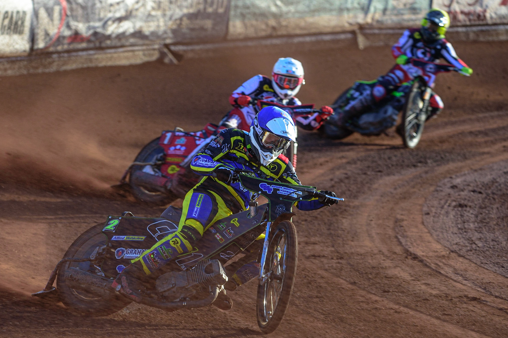 SHEFFIELD, UK. MAY 26TH  Craig Cook  (Blue) lead Max Fricke  (White) and Tom Brennan  (Yellow) during the SGB Premiership match between Sheffield Tigers and Belle Vue Aces at Owlerton Stadium, Sheffield on Thursday 26th May 2022. (Credit: Ian Charles | MI News)