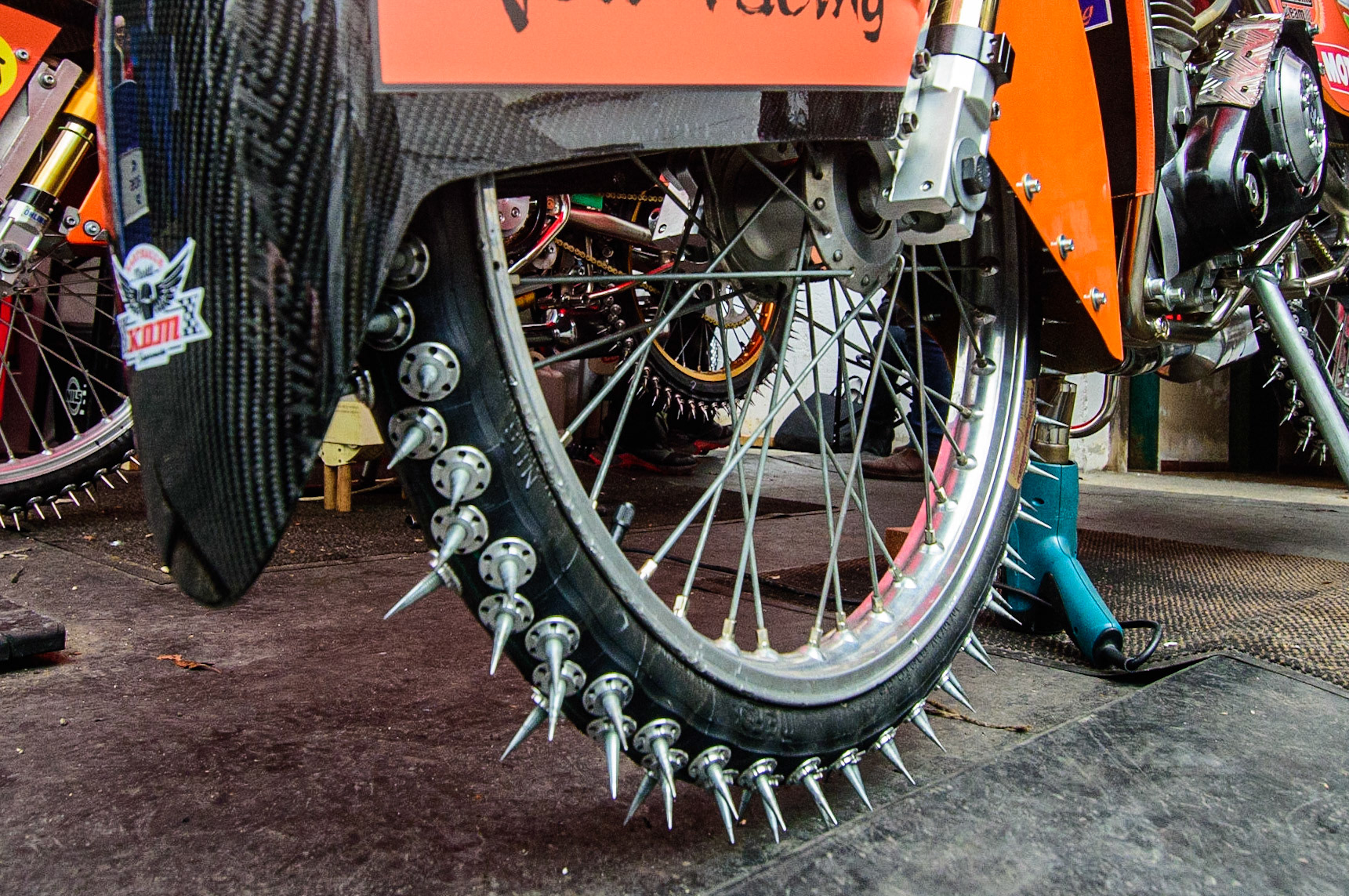The spiked tyre during the Ice Speedway Gladiators World Championship Final 2 at Max-Aicher-Arena, Inzell, Germany on Sunday 19th March 2023. (Photo: Ian Charles | MI News)