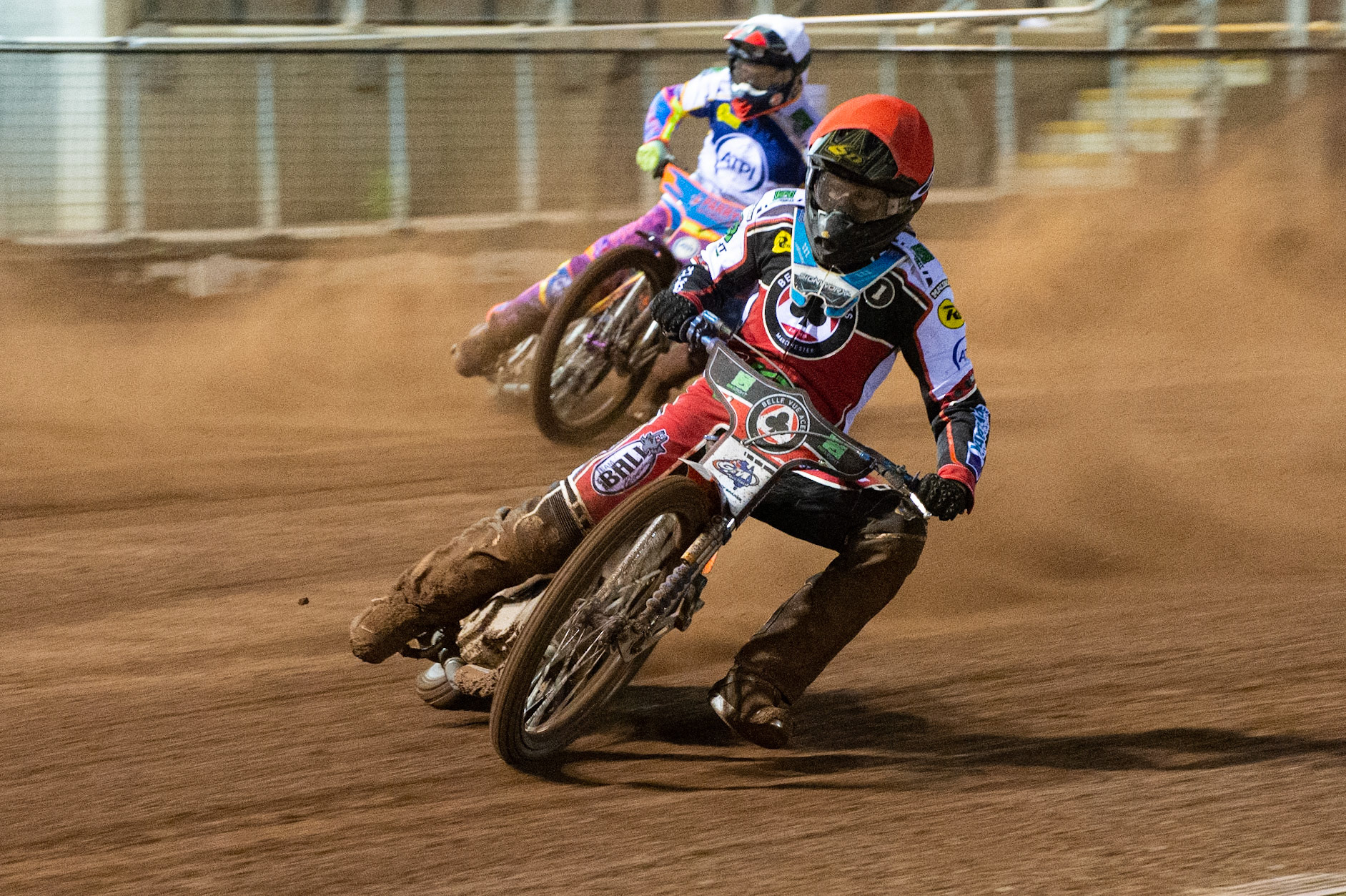 Photo: Ian CharlesBrady Kurtz of Belle Vue 'BikeRight' Aces (Red) leads Rory Schlein of the 'ATPI' All Stars (White)Belle Vue ‘Bikerite ’Aces v ‘ATPI’ All Stars, Premiership Challenge, National Speedway Stadium, Manchester Thursday  24  September  2020