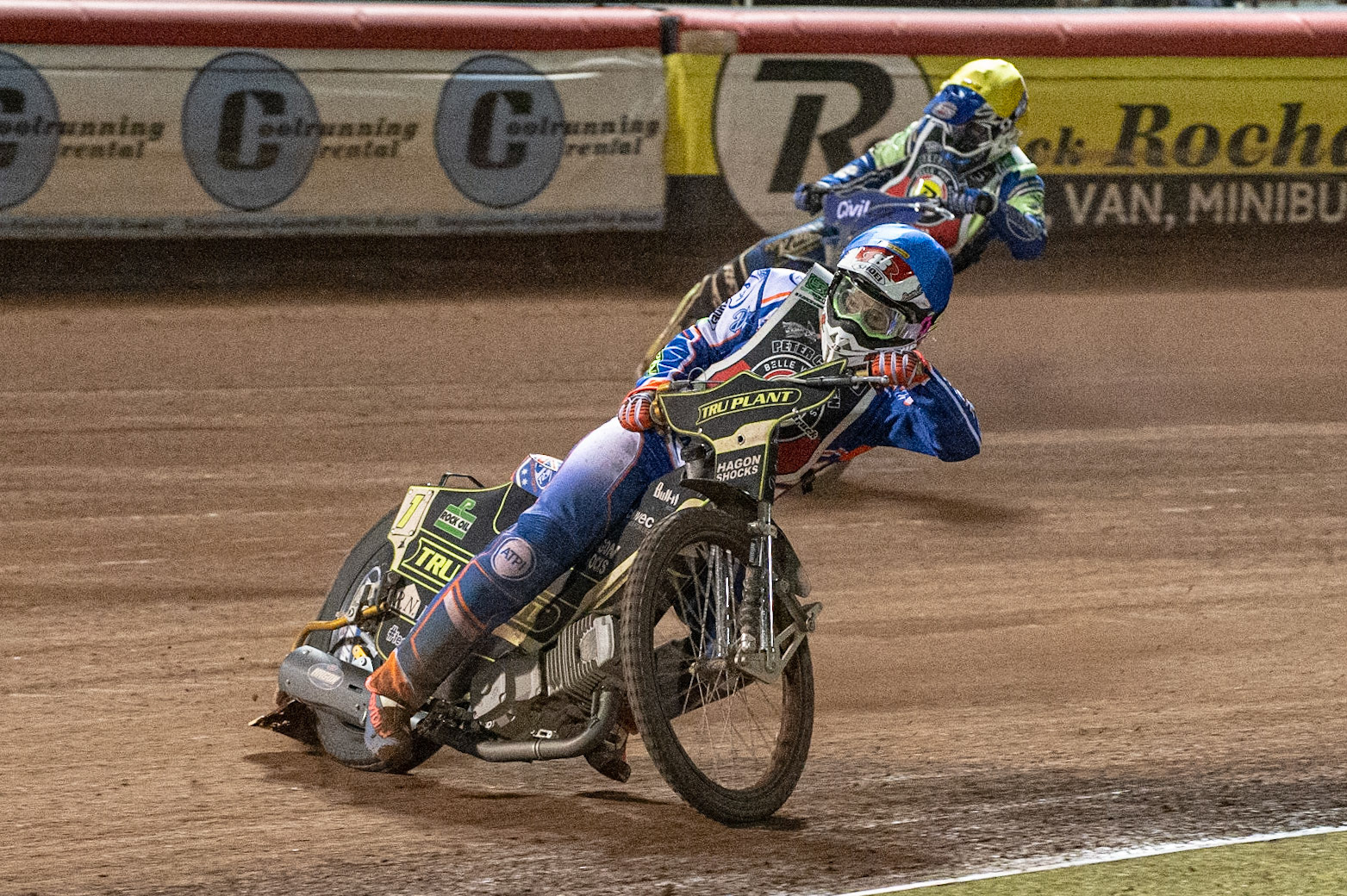 Photo: Ian CharlesJason Crump (Blue) leads Richie Worrall (Yellow)Peter Craven Memorial Trophy, National Speedway Stadium, Manchester Thursday  22  October  2020