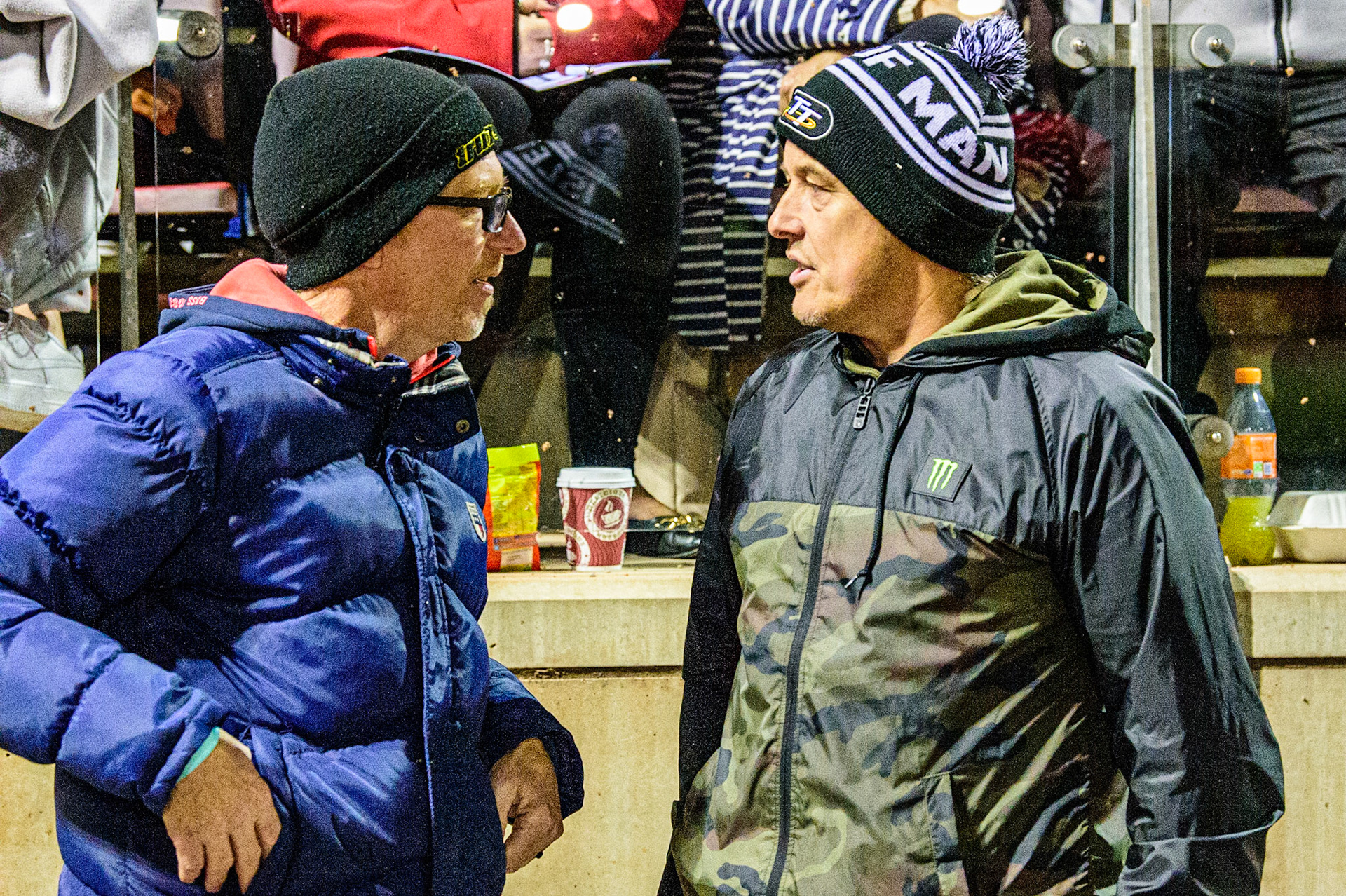 Former World Speedway Champion Jason Crump (left) chats with TT Motorcycling Legend John McGuinness during the SGB Premiership Grand Final 1st leg between Belle Vue Aces and Sheffield Tigers at the National Speedway Stadium, Manchester on Monday 10th October 2022. (Credit: Ian Charles | MI News)