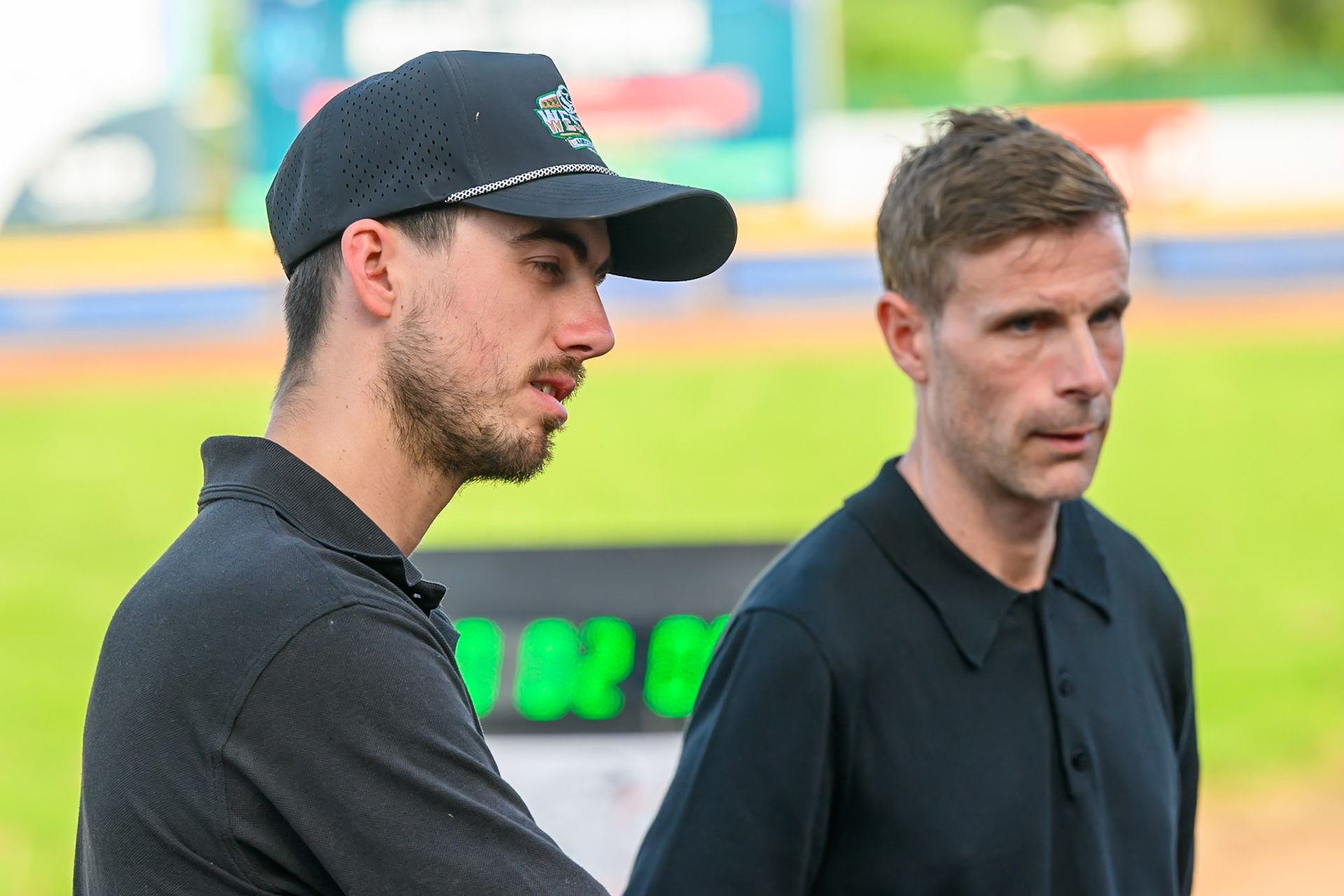 Kye Thomson, Guest Rider for Belle Vue Aces (Left) and Niels-Kristian Iversen, Guest Rider for Belle Vue Aces  on the track walk during the Rowe Motor Oil Premiership match between Sheffield Tigers and Belle Vue Aces at Owlerton Stadium, Sheffield on Monday 25th May 2026. (Photo: Ian Charles | MI News)
