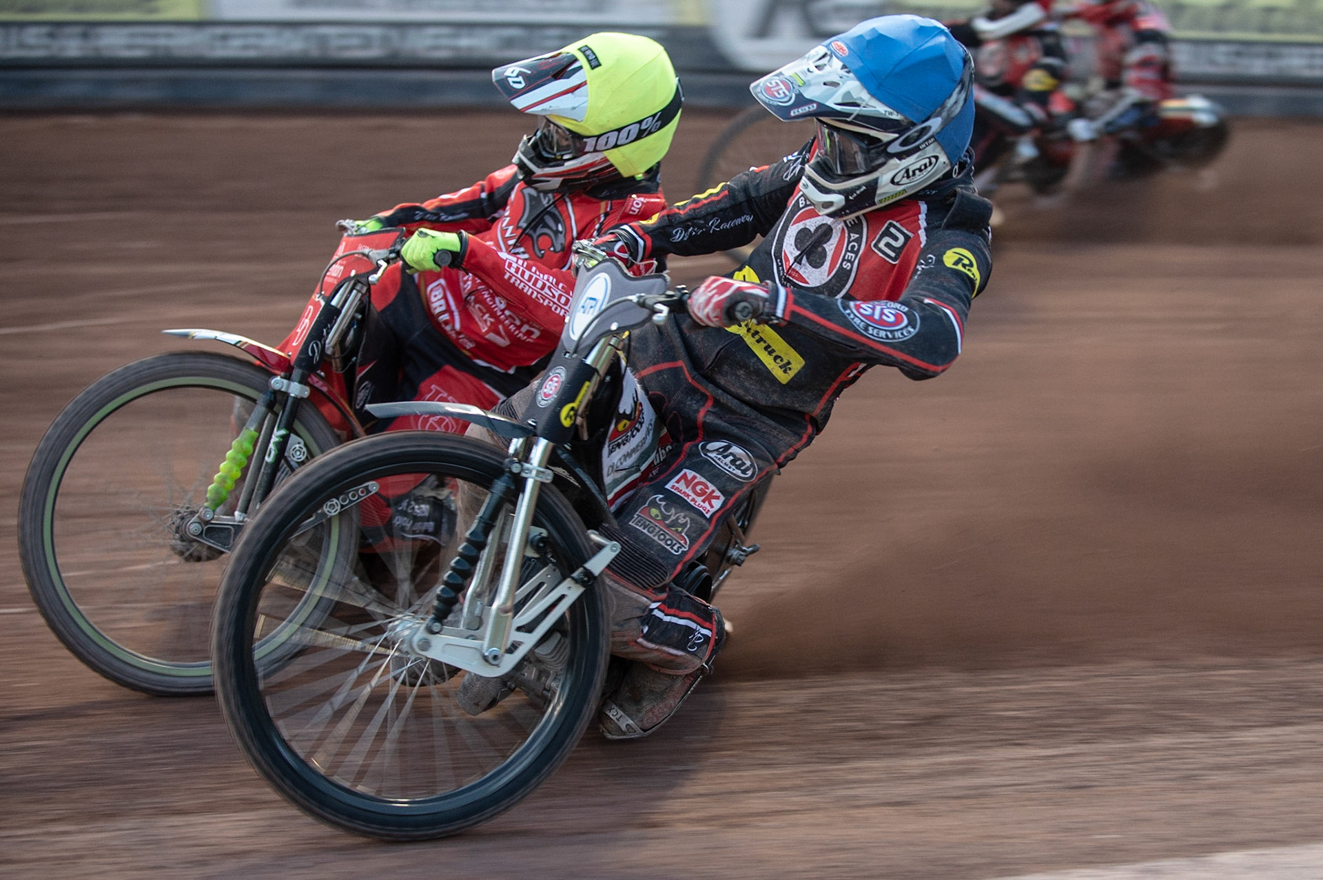 Photo by Ian Charles:

Belle Vue  Aces  Steve Worrall  (Blue) inside Charles Wright  (Yellow)

Belle Vue Aces v Peterborough Panthers, British Speedway Premiership, National Speedway Stadium, Manchester, Monday, 29, April, 2019