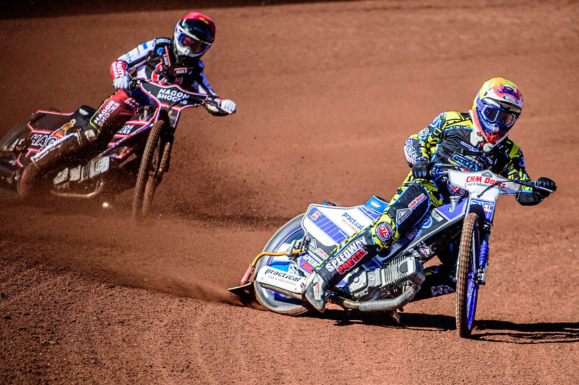 Danny Phillips  (Yellow) leads Sam Hagon  (Red) during the National Development League match between Belle Vue Colts and Berwick Bullets at the National Speedway Stadium, Manchester on Friday 7th April 2023. (Photo: Ian Charles | MI News)