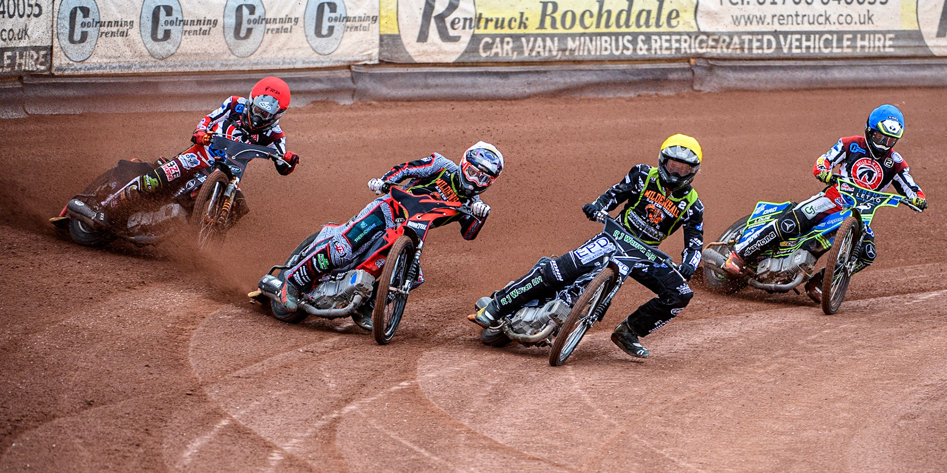 Alfie Bowtell (White) and Josh Warren (Yellow) lead Jack Smith (Red) and Luke Muff (Blue) during the National Development League match between Belle Vue Colts and Mildenhall Fens Tigers at the National Speedway Stadium, Manchester on Friday 26th May 2023. (Photo: Ian Charles | MI News)