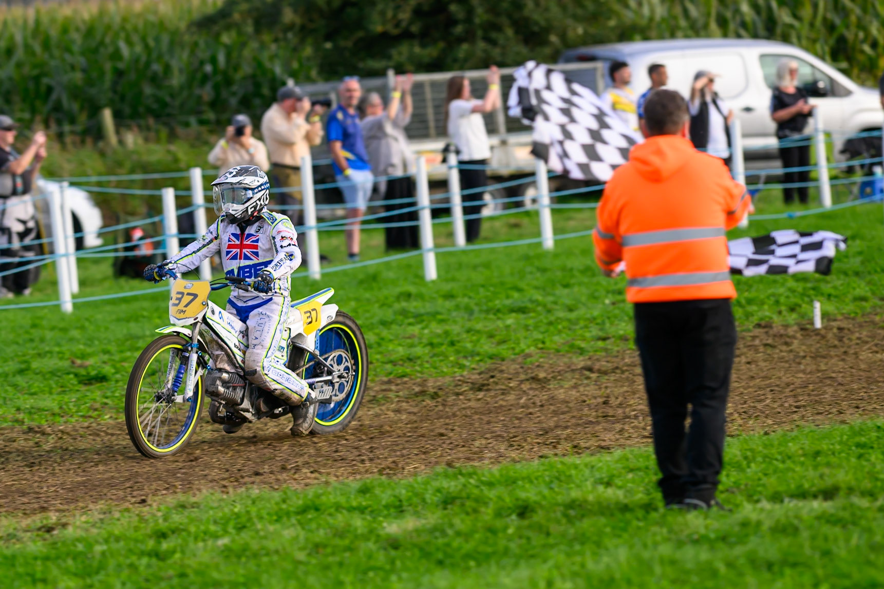 British Masters (Solos): Chris Harris (37) completes his maximum to  win the final and his fourth consecutive Masters Title during the British Masters Grasstrack Championship at Lower Marsh Farm, Much Hoole, Preston in Lancashire, England on Sunday 13th September 2026. (Photo: Ian Charles | MI News)