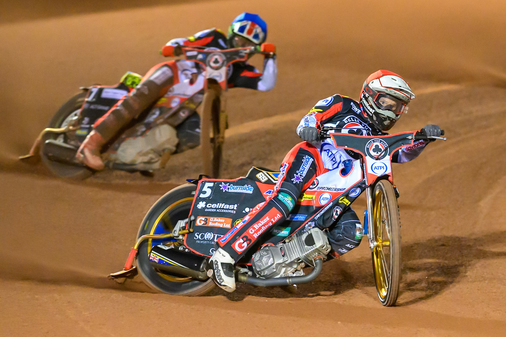Jason Doyle of Belle Vue Aces  in Red leading William Cairns of Belle Vue Aces in Blue during the Rowe Motor Oil Premiership Play Off Semi Final 2nd leg match between Belle Vue Aces and Ipswich Witches at the National Speedway Stadium, Manchester on Monday 28th September 2026. (Photo: Ian Charles | MI News)