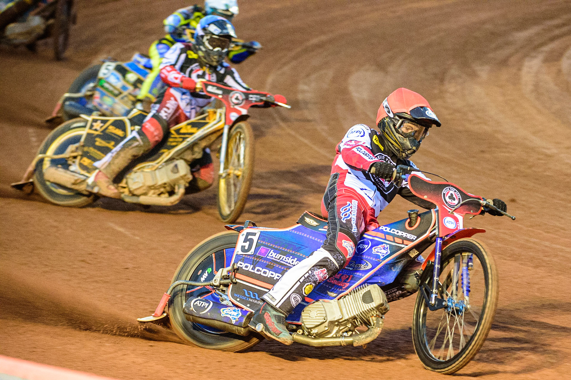 Brady Kurtz  (Red) leads Norick Blodorn   (Blue) and Connor Mountain  (Yellow) during the SGB Premiership match between Belle Vue Aces and Sheffield Tigers at the National Speedway Stadium, Manchester on Monday 5th September 2022. (Credit: Ian Charles | MI News)