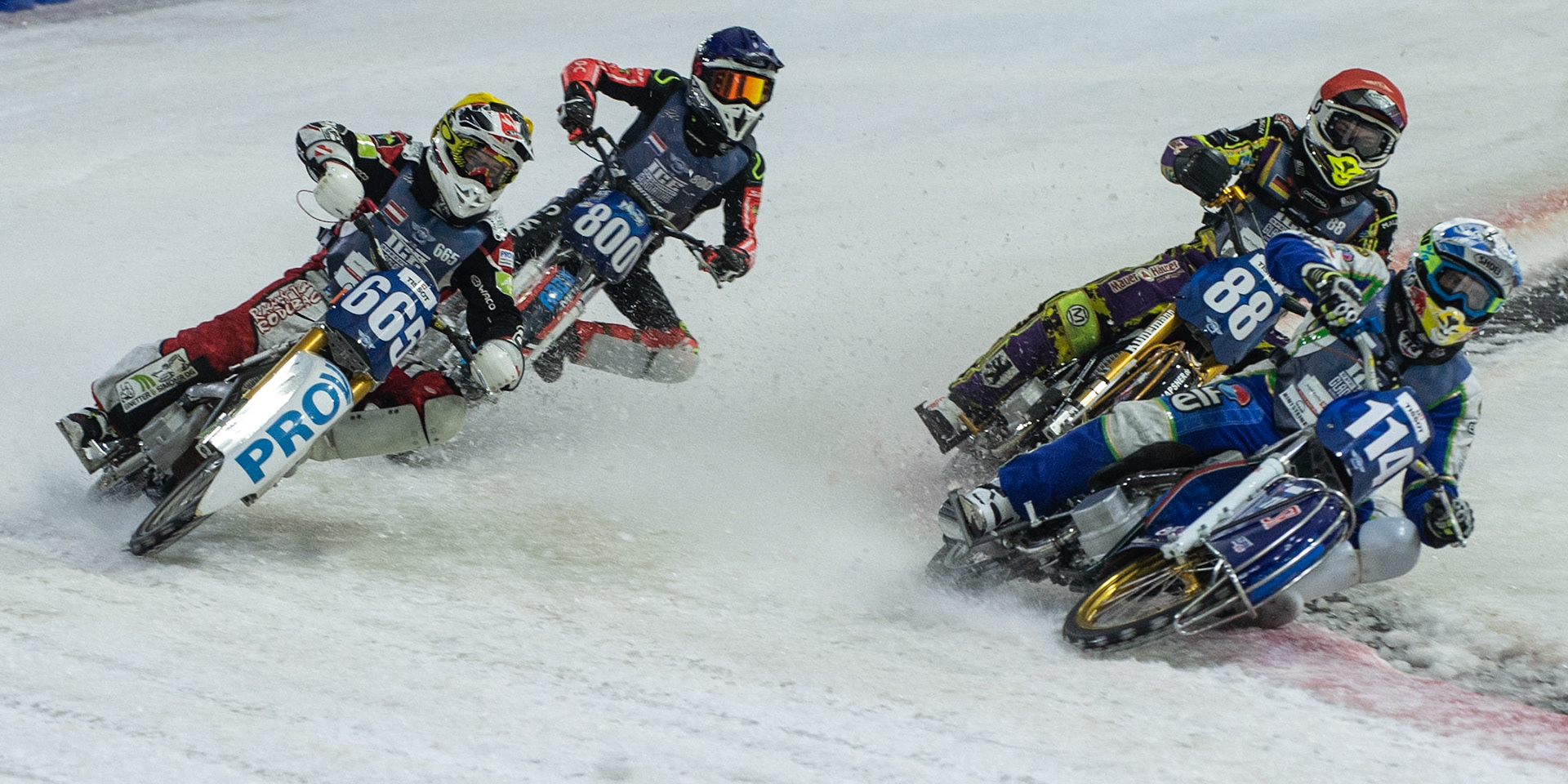 Photo: Ian Charles

Dinar Valeev (114) leads Max Niedermaier (88) Charly Ebner (665) and Jasper Iwema (800)

FIM Ice Speedway Gladiators World Championship, Event 5.1, Ice Rink Thialf, Heerenveen, Netherlands Saturday  30  March  2019