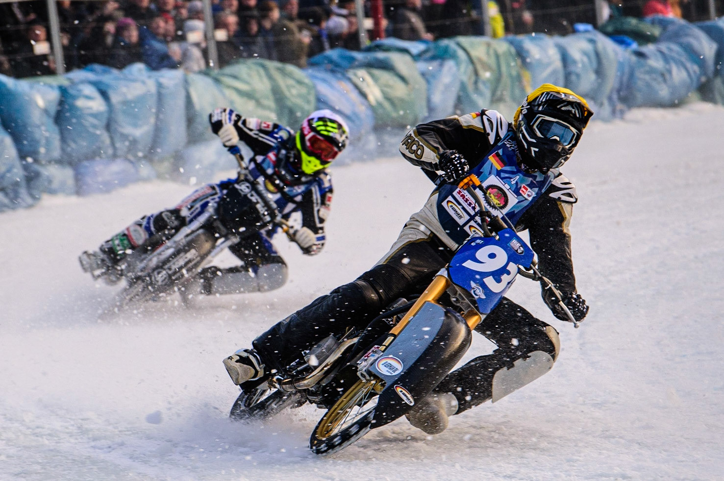 Franz Mayerbüchler (Yellow) leads Philipp Lageder (White) during the German Individual Ice Speedway Championship at Horst-Dohm-Eisstadion, Berlin on Friday 3rd March 2023. (Photo: Ian Charles | MI News)