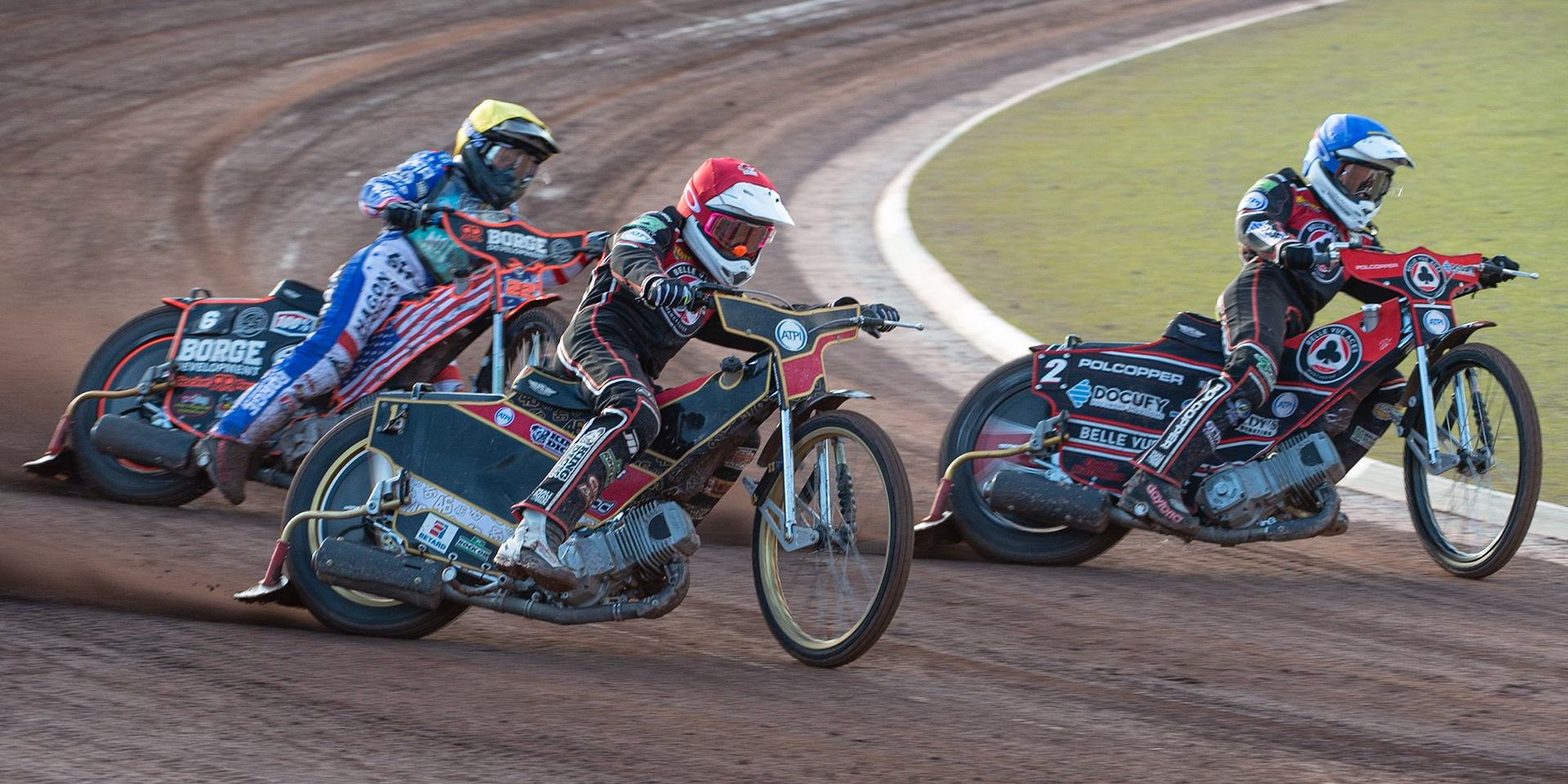 Photo by Ian Charles

Max Fricke  (Red) and Jaimon Lidsey  (Blue) lead Luke Becker (Yellow)

Belle Vue Aces v Poole Pirates, British Speedway Premiership, Belle Vue National Speedway Stadium, Manchester, Monday 1  July  2019