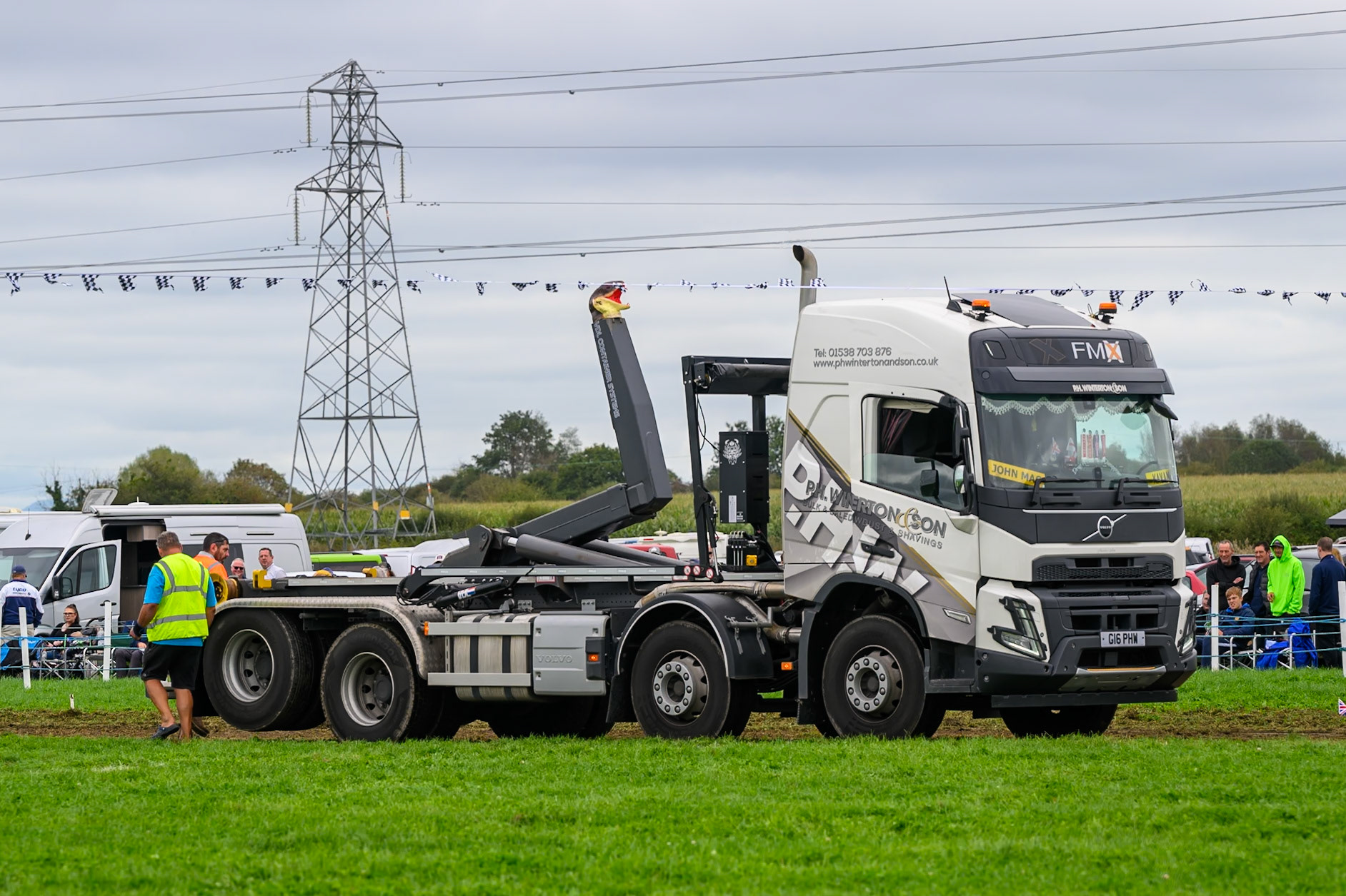 The truck used for tyre packing the track gets stuck under the start line bunting during the British Masters Grasstrack Championship at Lower Marsh Farm, Much Hoole, Preston in Lancashire, England on Sunday 13th September 2026. (Photo: Ian Charles | MI News)