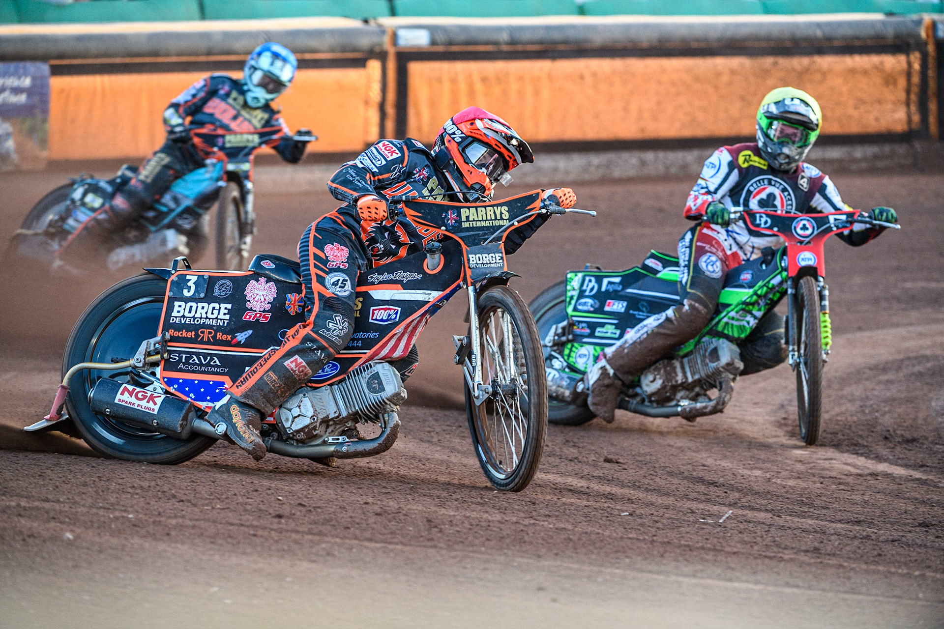 Luke Becker (Red) outside Charles Wright (Yellow) with Ryan Douglas (Blue) behind during the Sports Insure Premiership match between Wolverhampton Wolves and Belle Vue Aces at Monmore Green Stadium, Wolverhampton on Monday 29th May 2023. (Photo: Ian Charles | MI News)