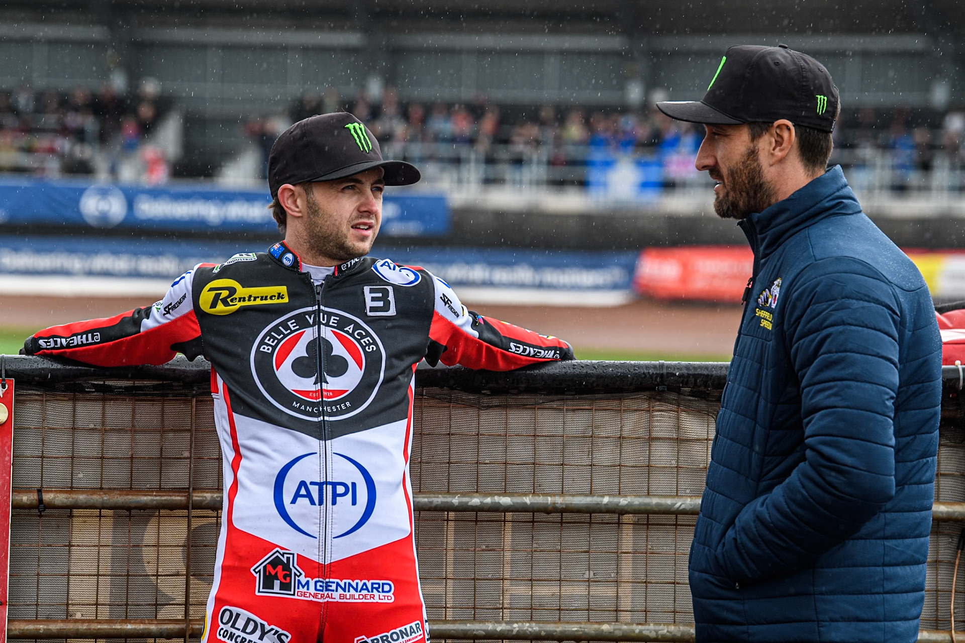 Belle Vue Aces' Jaimon Lidsey (Left) chats with Chris Holder during the Rowe Motor Oil Premiership match between Belle Vue Aces and Sheffield Tigers at the National Speedway Stadium, Manchester on Monday 27th May 2024. (Photo: Ian Charles | MI News)