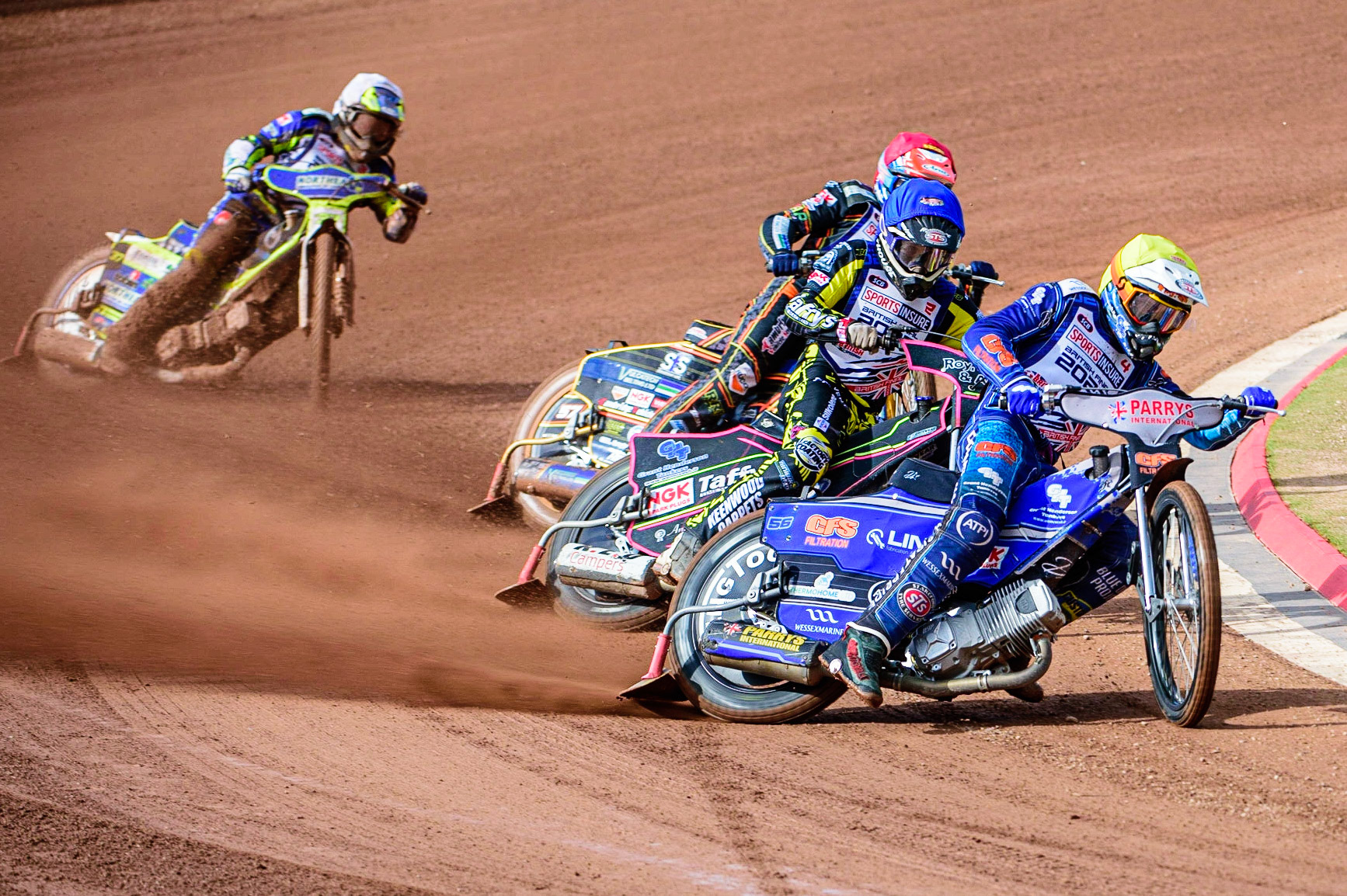Steve Worrall (Yellow) leads Leon Flint  (Blue), Connor Mountain  (Red) and Chris Harris (White) during the Sports Insure British Speedway Final, at the National Speedway Stadium, Manchester, on Sunday 18th September 2022. (Credit: Ian Charles | MI News )