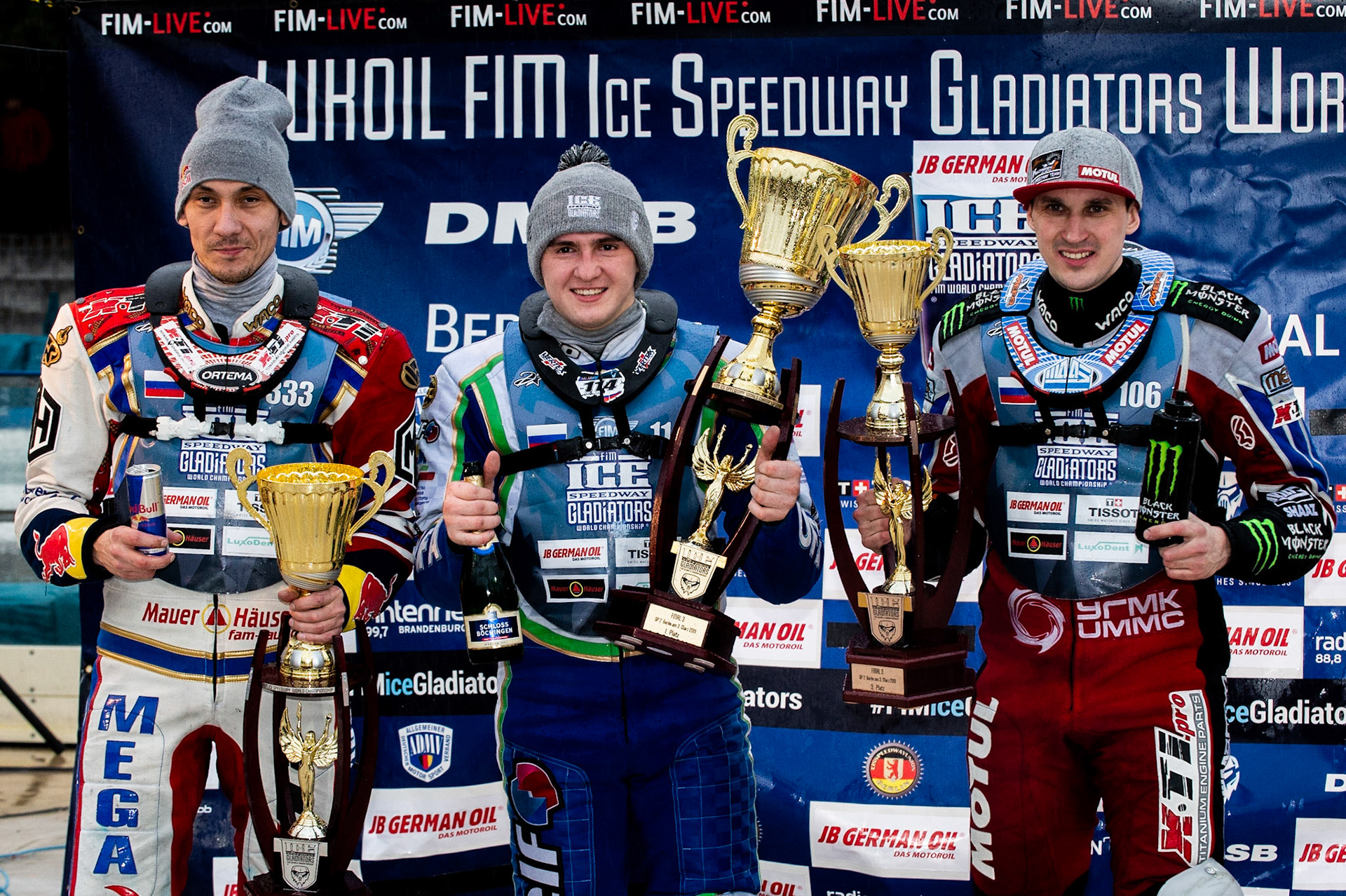 Photo: Ian Charles

Top 3 Sunday: (l-r) Danil Ivanov (333)(2nd), 114\ (Winner) Dmitri Koltakov (106) (3rd)  

FIM Ice Speedway Gladiators World Championship, Final 3.2, Horst-Dohm Eisstadion, Berlin, Germany Sunday  3  March  2019