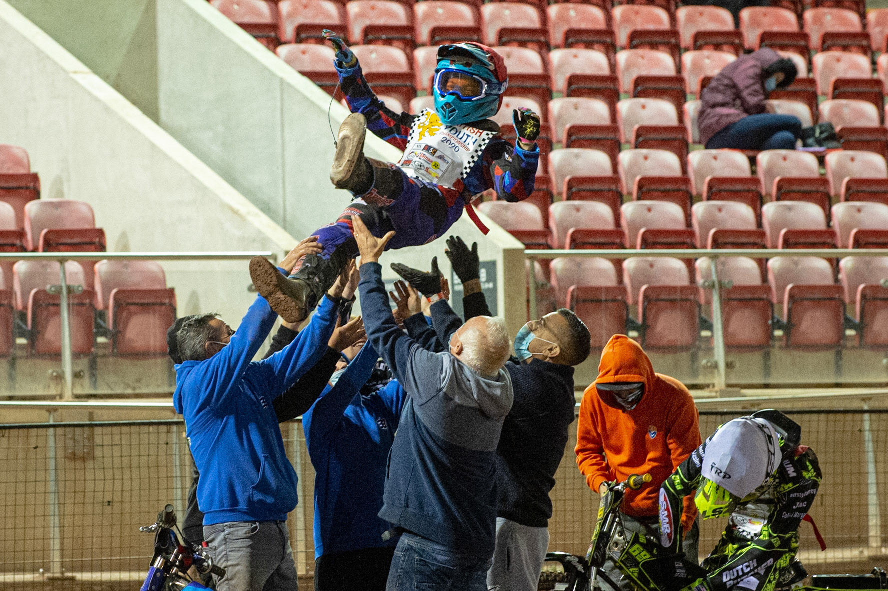 Photo: Ian CharlesSonny Springer gets the bumps as the 125cc A Class Final winner British Youth Speedway Championship (Round 5), National Speedway Stadium, Manchester Saturday  10  October  2020