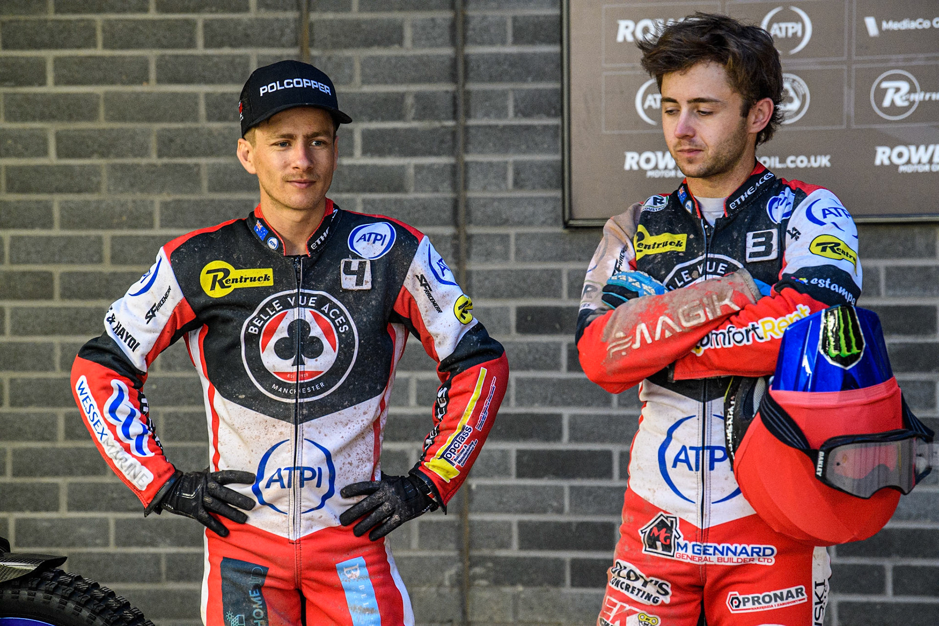 Belle Vue Aces' Ben Cook  (Left) chats with team mate  Jaimon Lidsey during the Rowe Motor Oil Premiership match between Belle Vue Aces and Oxford Spires at the National Speedway Stadium, Manchester on Monday 22nd July 2024. (Photo: Ian Charles | MI News)