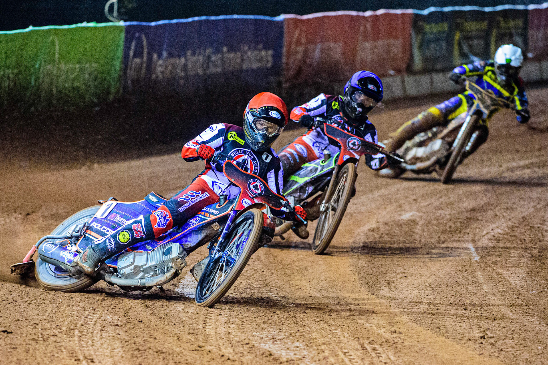 Brady Kurtz (Red) leads team mate Tom Brennan (Blue)and Jack Holder (White) during the Grant Henderson Pairs at the National Speedway Stadium, Manchester on Thursday 27th October 2022. (Credit: Ian Charles | MI NEWS)