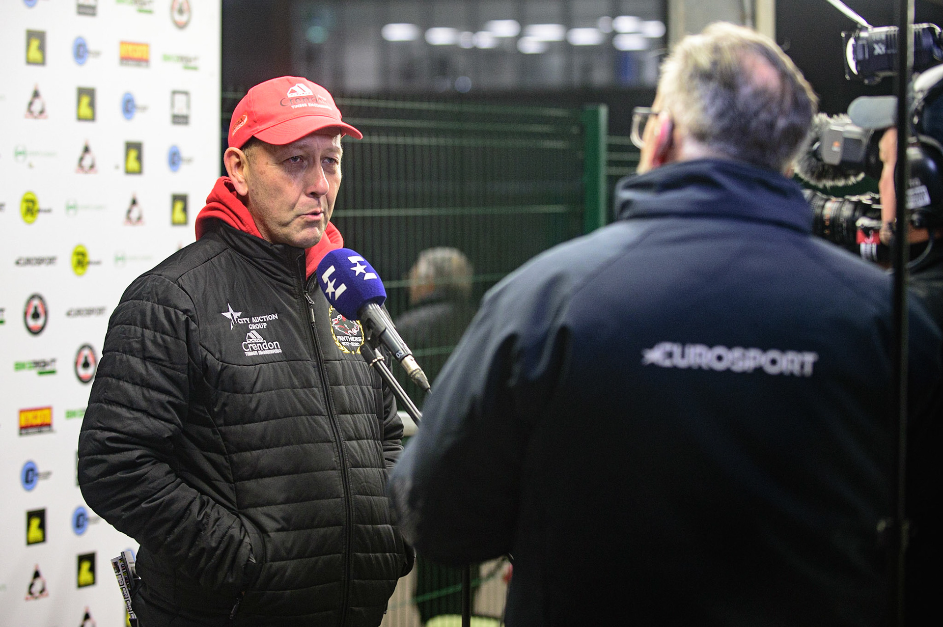 MANCHESTER, UK. OCT 11TH  Peterborough Crendon Panthers manager Rob Lyon is interviewed by Eurosport during the SGB Premiership Grand Final 1st Leg between Belle Vue Aces and Peterborough Panthers at the National Speedway Stadium, Manchester on Monday 11th October 2021. (Credit: Ian Charles | MI News)