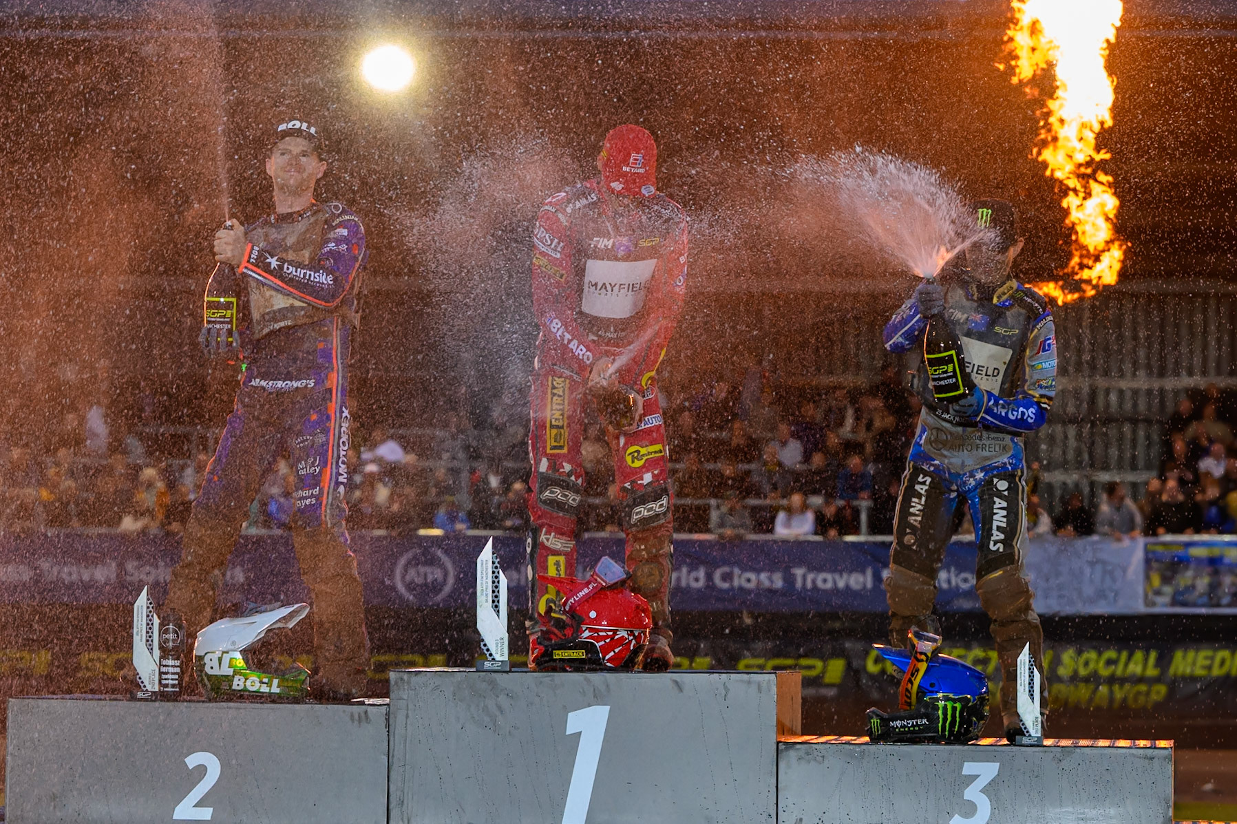 Champagne capers on the Rostrum during the ATPI  FIM Speedway GP of Manchester at the National Speedway Stadium, Manchester on Friday 5th June 2026. (Photo: Ian Charles | MI News)