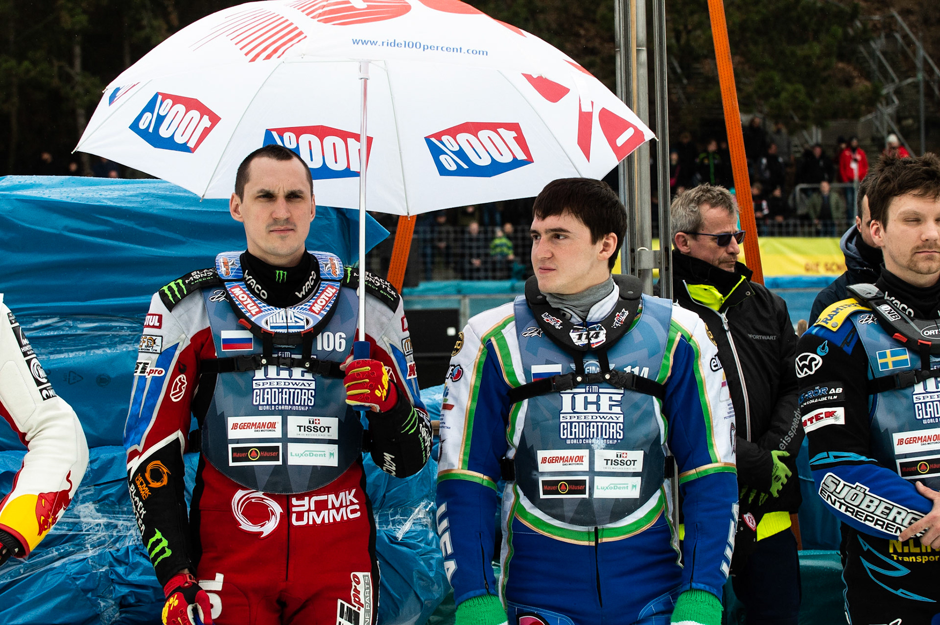 Photo: Ian Charles

Dmitri Koltakov (106) and Dinar Valeev (114) shelter from the rain

FIM Ice Speedway Gladiators World Championship, Final 3.2, Horst-Dohm Eisstadion, Berlin, Germany Sunday  3  March  2019