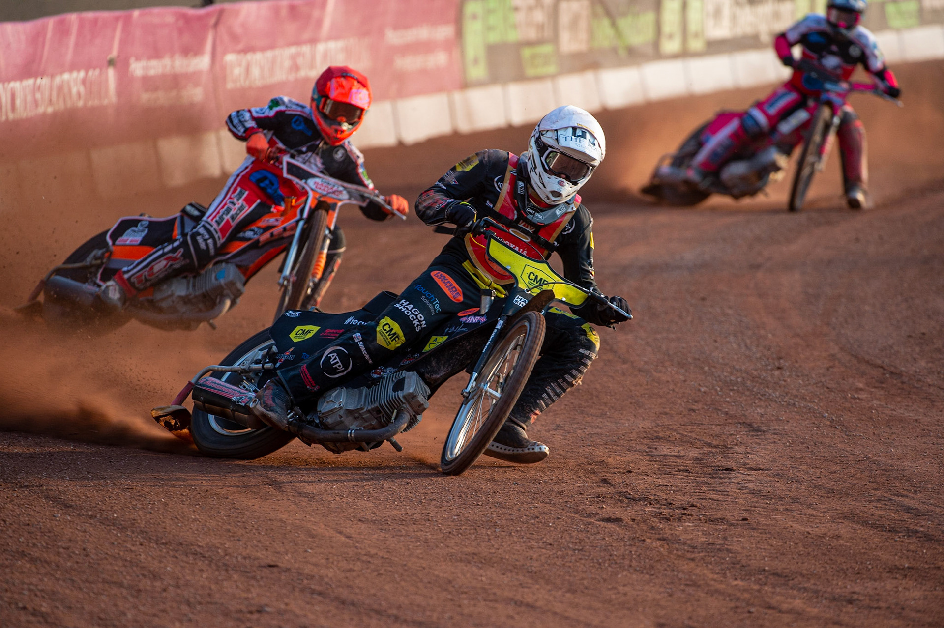 MANCHESTER, UK. JULY 2ND  Daniel Gilkes  (White) leads Connor Coles  (Red) and Sam Woolley  (Blue)during the National Development League match between Belle Vue Colts and Kent Royals at the National Speedway Stadium, Manchester on Friday 2nd July 2021. (Credit: Ian Charles | MI News)