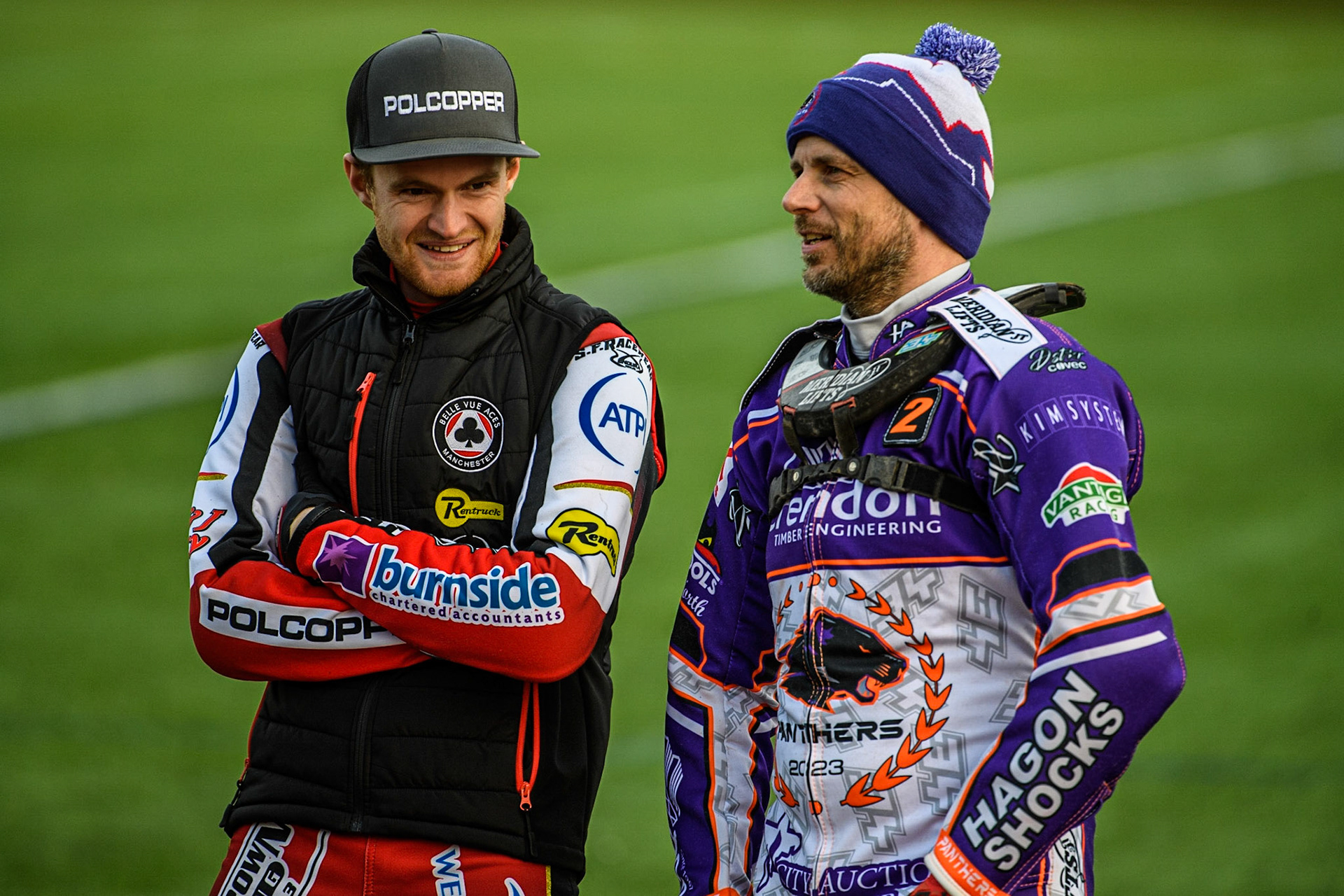 Belle Vue ATPI Aces  Captain Brady Kurtz (left) with Peterborough Crendon Panthers Captain Hans Andersen  during the SGB Premiership match between Belle Vue Aces and Peterborough at the National Speedway Stadium, Manchester on Monday 24th April 2023. (Photo: Ian Charles | MI News)