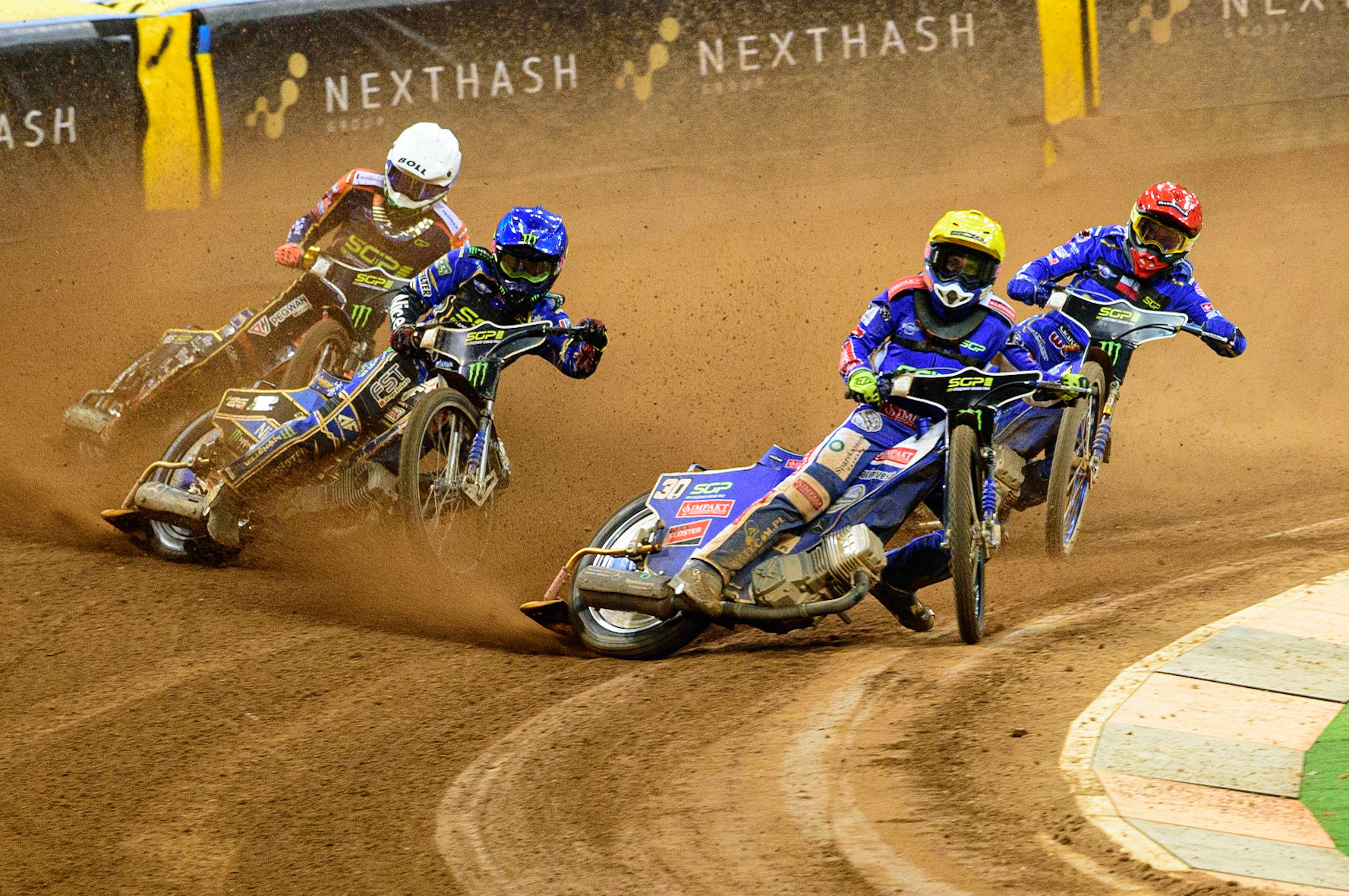 Semi Final 2: Leon Madsen (30) (Yellow) leads Jack Holder (25) (Blue) Bartosz Zmarzlik (95) (Blue) and Mikkel Michelsen (155) (White) during the FIM  Speedway Grand Prix of Great Britain at the Principality Stadium, Cardiff on Saturday 13th August 2022. (Credit: Ian Charles | MI News