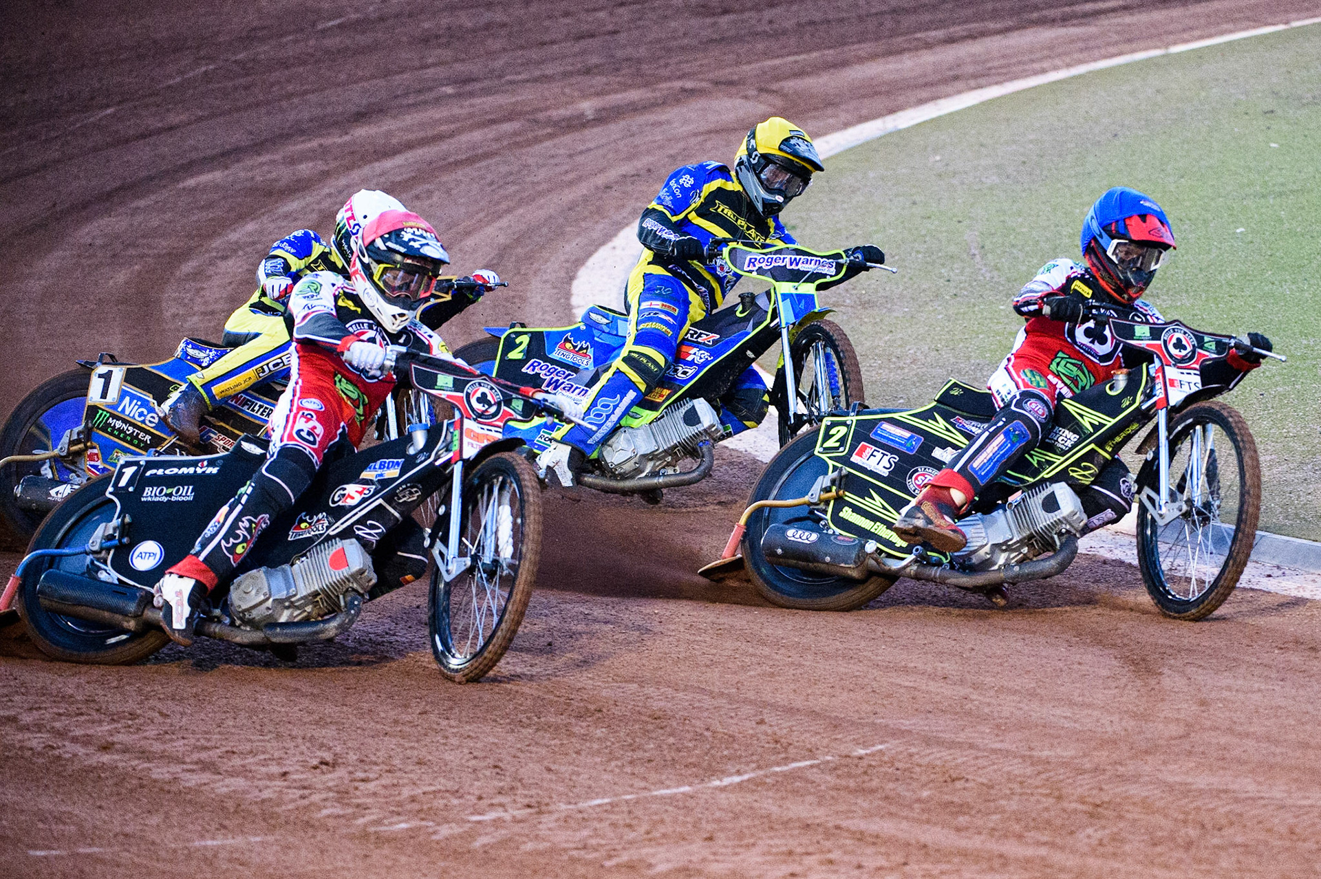 MANCHESTER, UK. SEPT 6TH  Jye Etheridge  (Blue) and Dan Bewley  (Red) lead Jack Holder  (White) and Troy Batchelor   (Yellow) during the SGB Premiership match between Belle Vue Aces and Sheffield Tigers at the National Speedway Stadium, Manchester on Monday 6th September 2021. (Credit: Ian Charles | MI News)