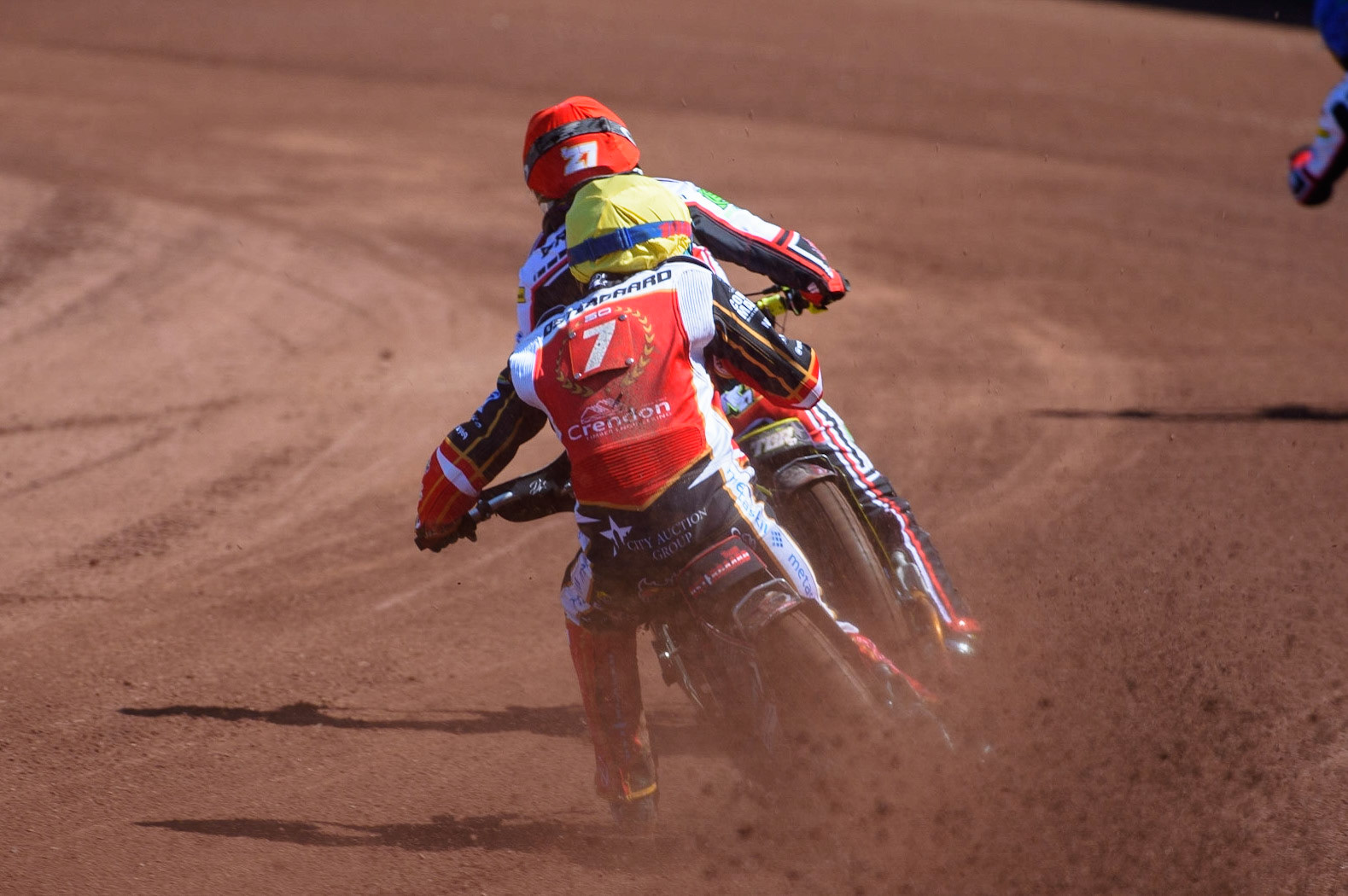MANCHESTER, UK. MAY 31ST  Ulrich Ostergaard  (Yellow) chases Tom Brennan (Red) during the SGB Premiership match between Belle Vue Aces and Peterborough at the National Speedway Stadium, Manchester on Monday 31st May 2021. (Credit: Ian Charles | MI News)