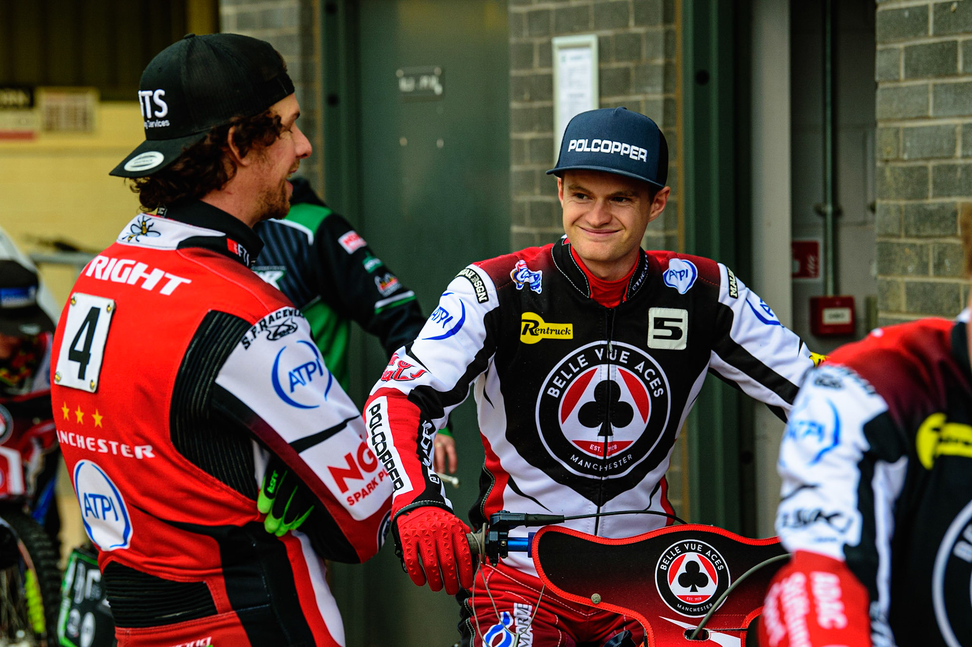 MANCHESTER, UK. MAY 16TH  Charles Wright (left) with Brady Kurtz during the SGB Premiership match between Belle Vue Aces and King's Lynn Stars at the National Speedway Stadium, Manchester on Monday 16th May 2022. (Credit: Ian Charles | MI News)
