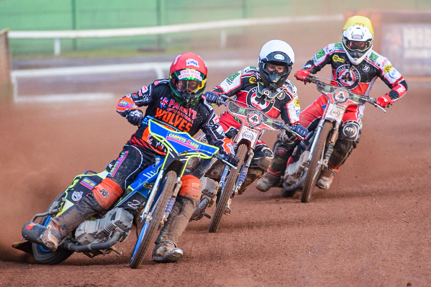 WOLVERHAMPTON, UK. JULY 26TH Nick Morris  (Red) leads Brady Kurtz  (White) and Richie Worrall  (Yellow) during the SGB Premiership match between Wolverhampton Wolves and Belle Vue Aces at the Ladbroke Stadium, Wolverhampton on Monday 26th July 2021. (Credit: Ian Charles | MI News)